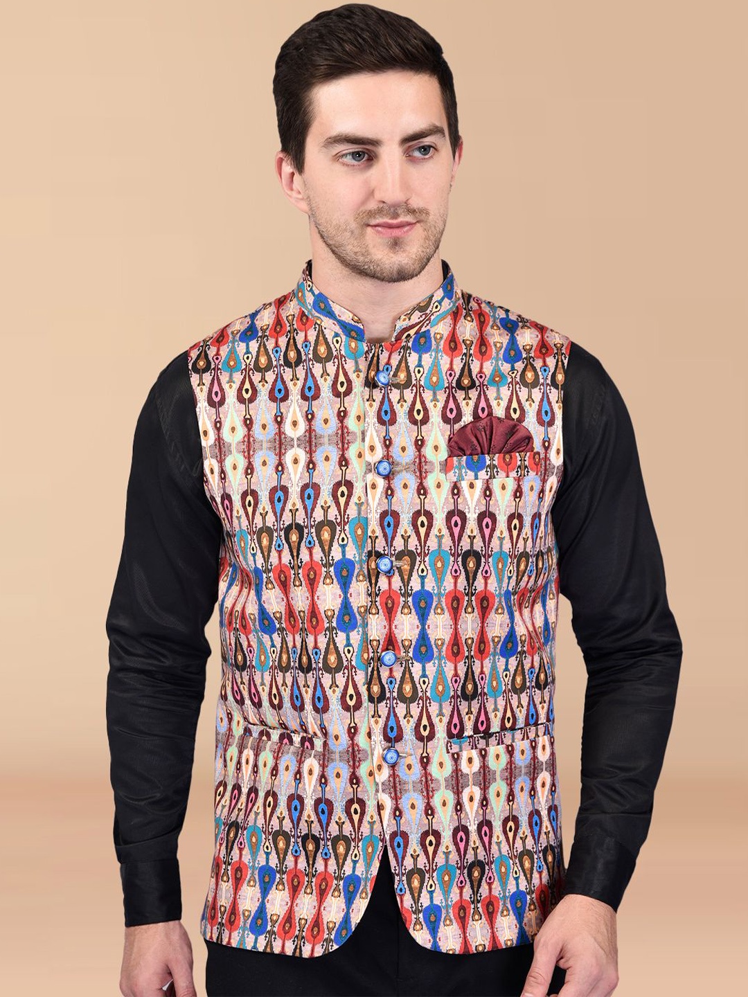 

PRINTINDIA Men Printed Woven Nehru Jacket, Blue
