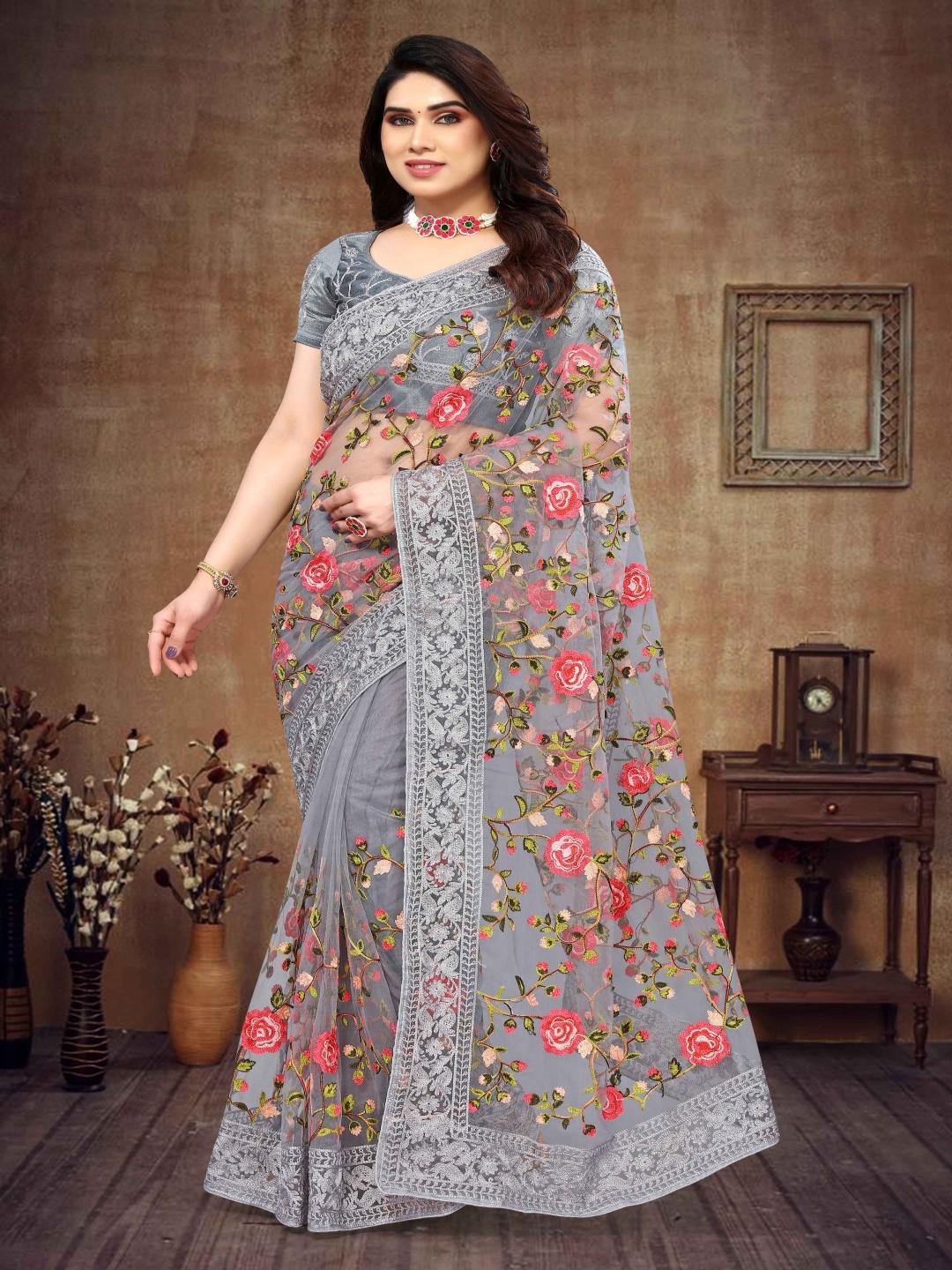 

A.V.M Prints Floral Embroidered Art Silk Maheshwari Saree, Grey