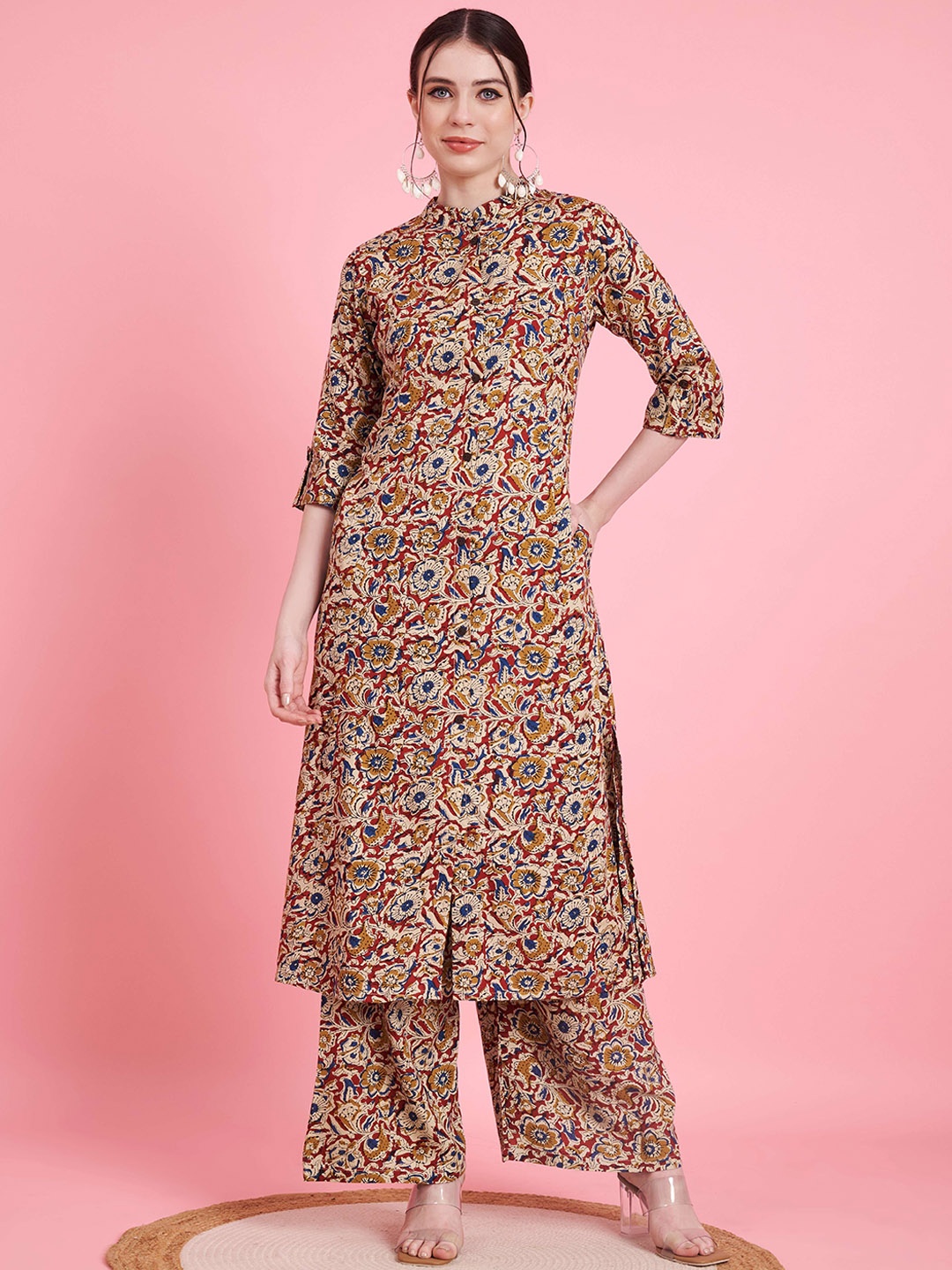 

Vbuyz Floral Printed Mandarin Collar Kalamkari Straight Top With Palazzos, Maroon