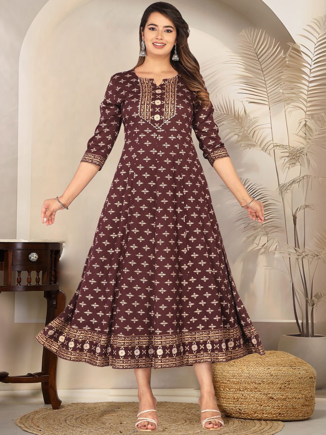 

MARISY Printed A-line Midi Ethnic Dresses, Brown