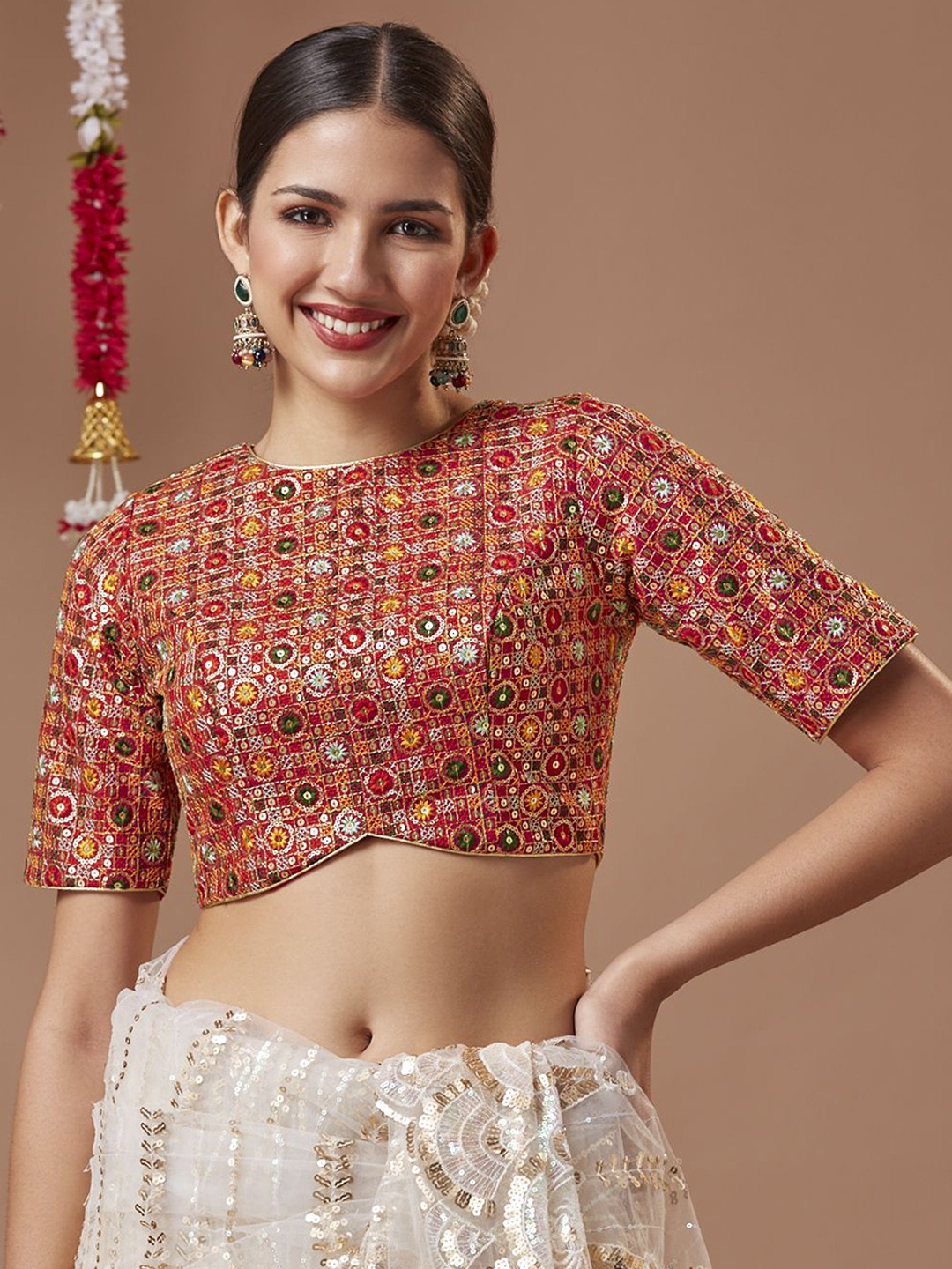 

SALWAR STUDIO Georgette Round Neck Padded Readymade Blouse with Elbow-Length Sleeves, Pink