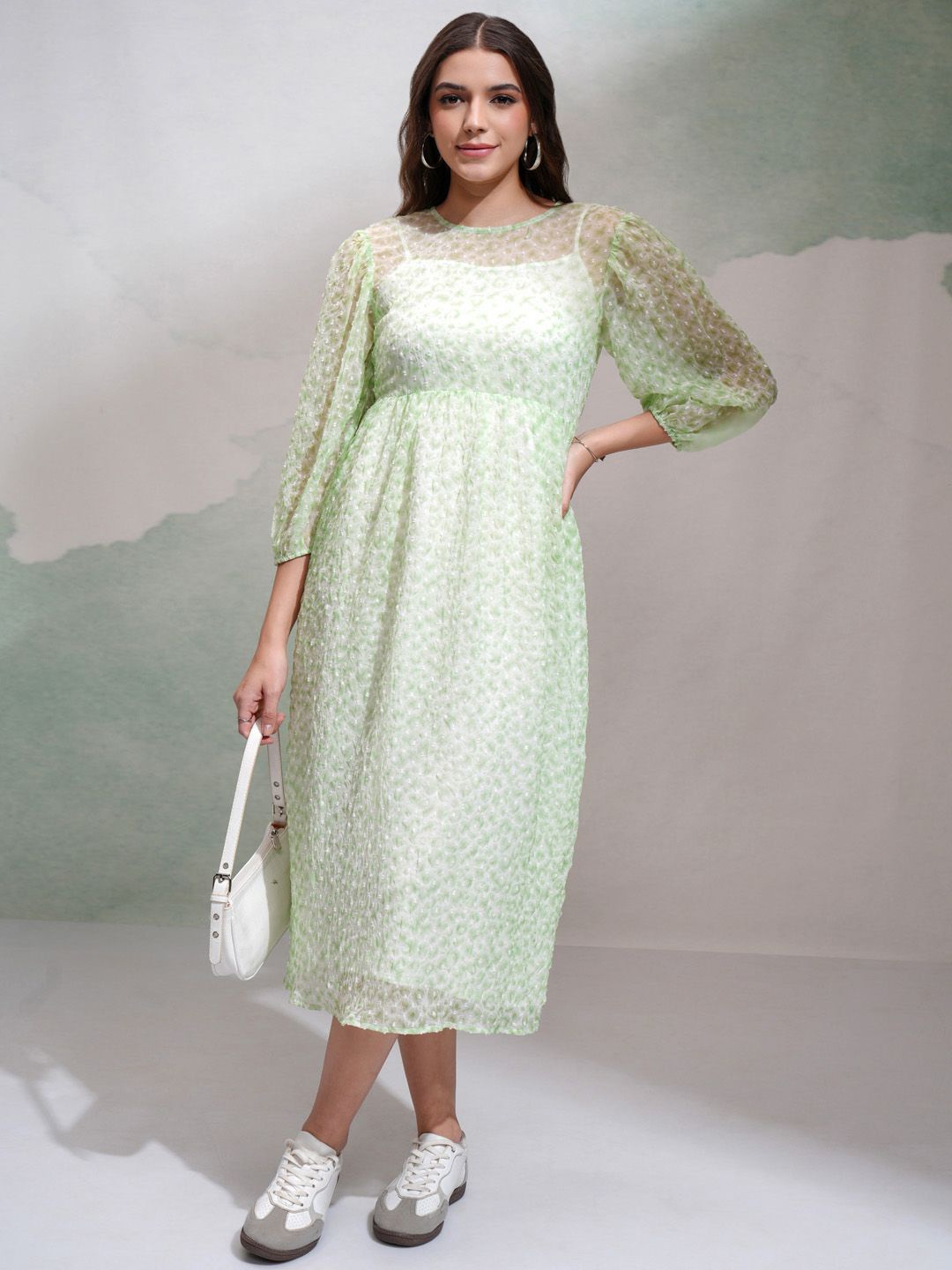 

Tokyo Talkies Tie and Dye Puff Sleeve Georgette Fit & Flare Maxi Dress, Green