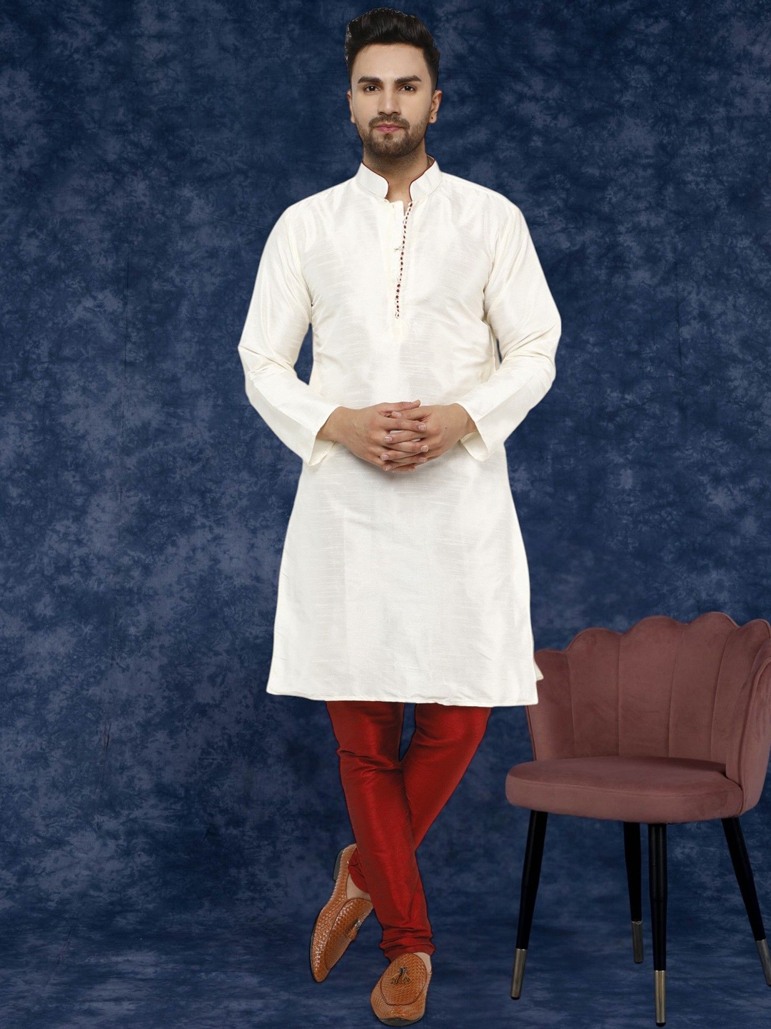 

SKAVIJ Mandarin Collar Long Sleeves Regular Straight Kurta With Churidar, White