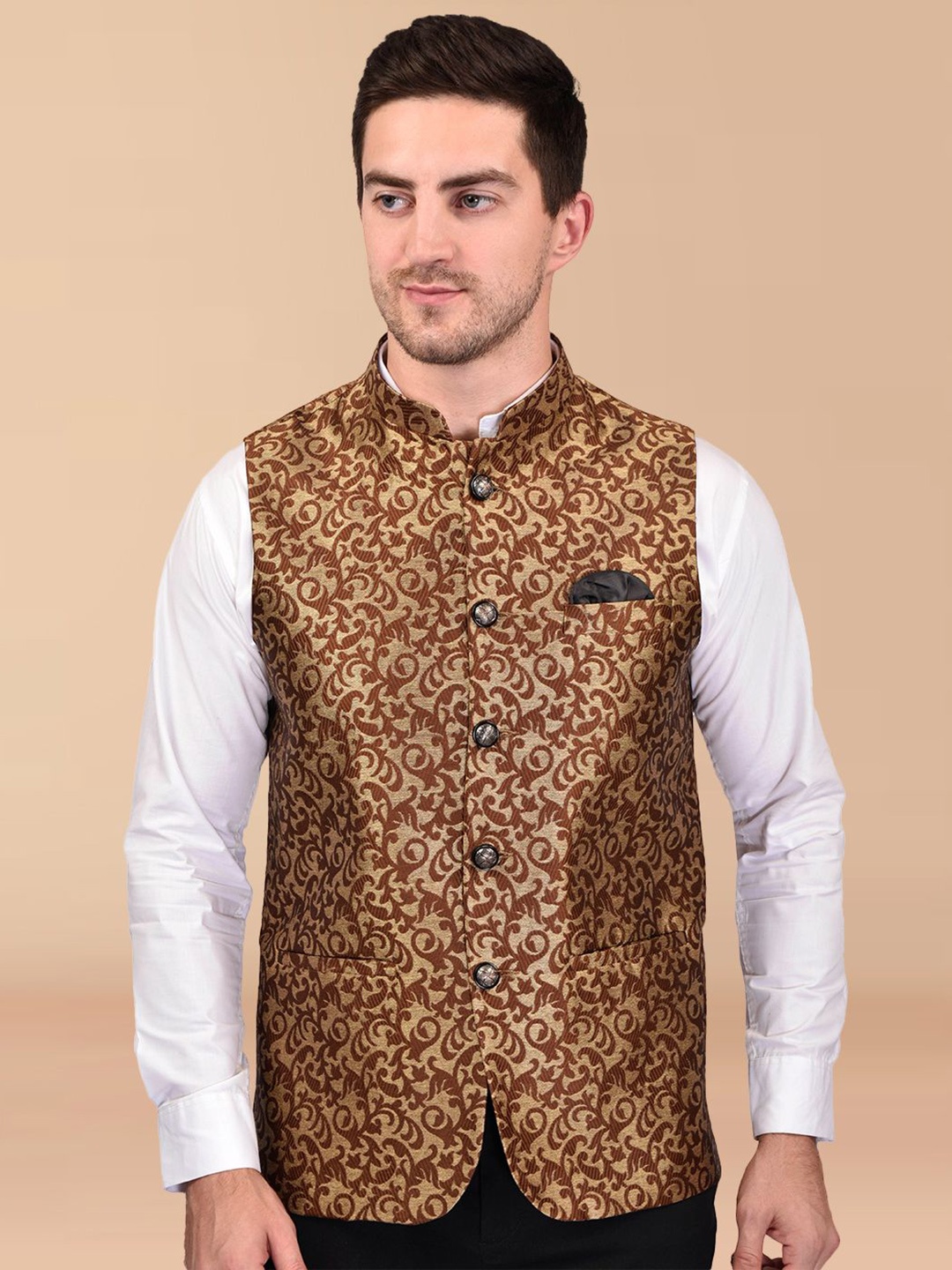 

PRINTINDIA Men Printed Woven Nehru Jacket, Brown