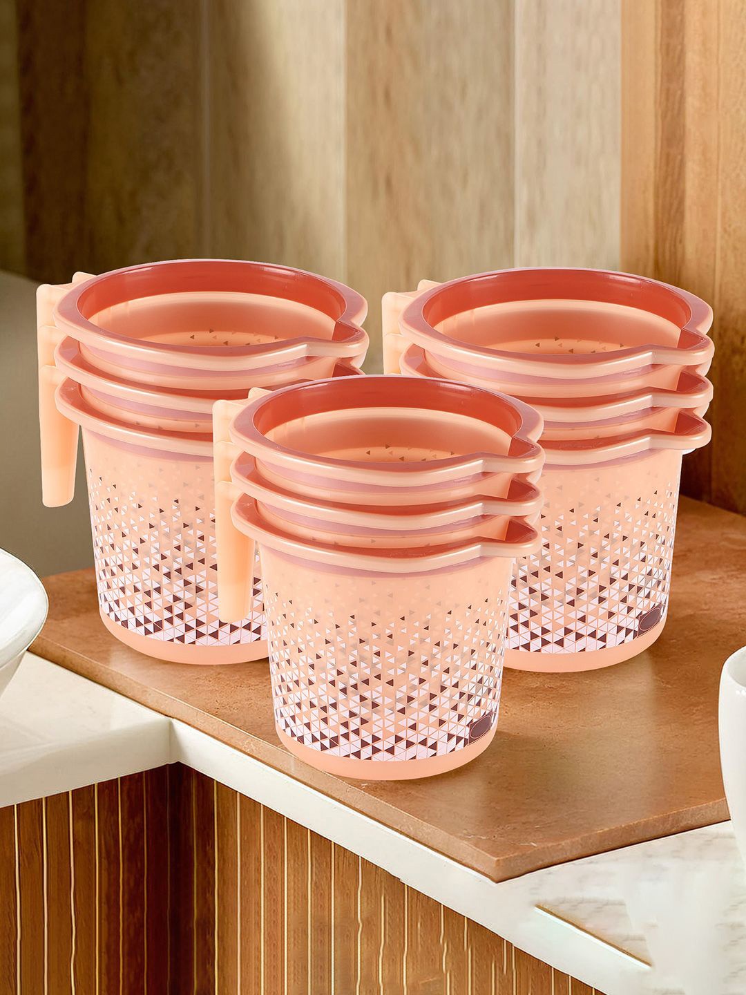 

Kuber Industries Beige 9 Pieces Classic Geometric Printed Bath Accessories Set 1.5 L each