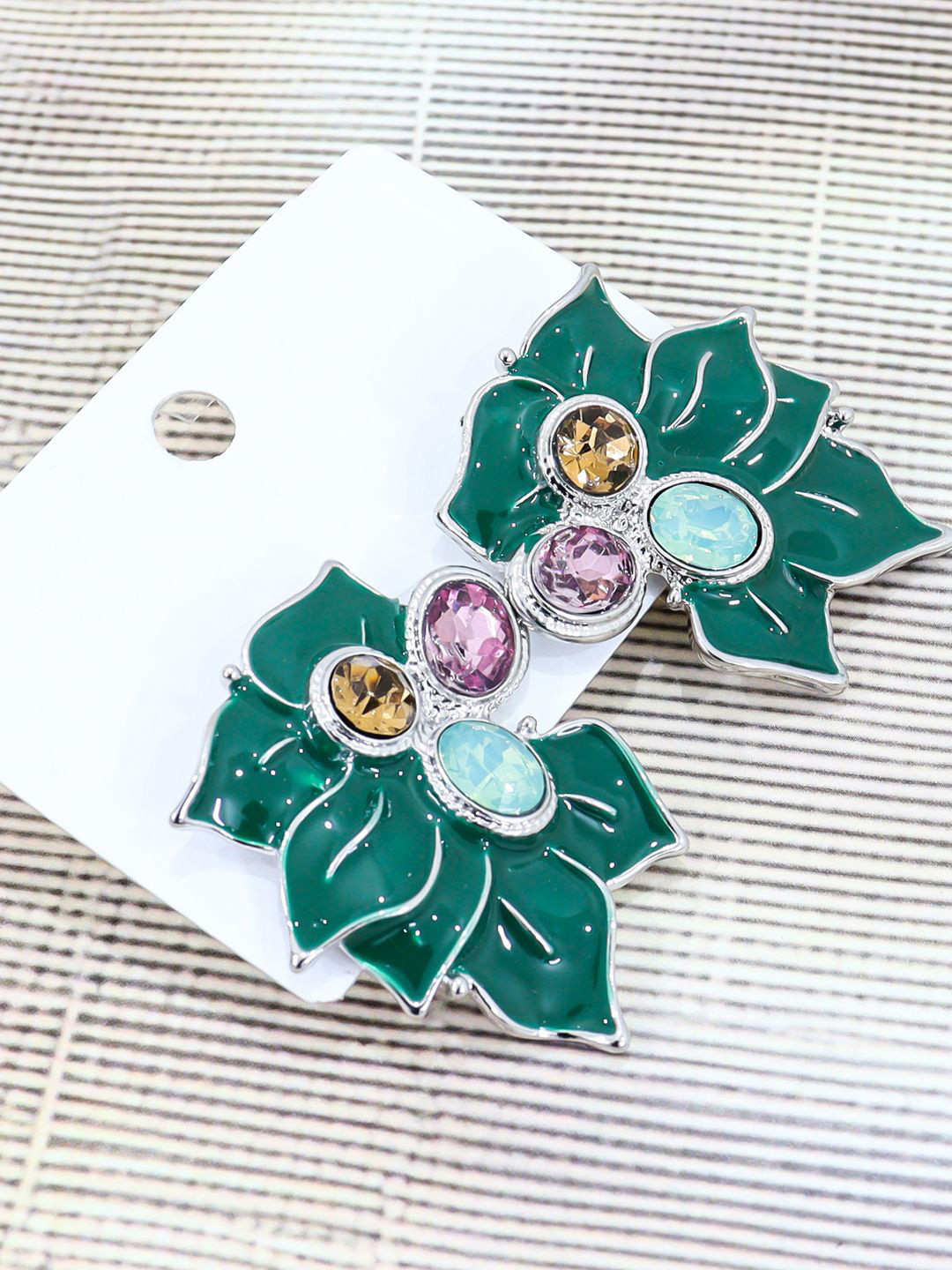 

KRENOZ Silver Plated Rhinestone Studded Floral Studs Earrings, Green