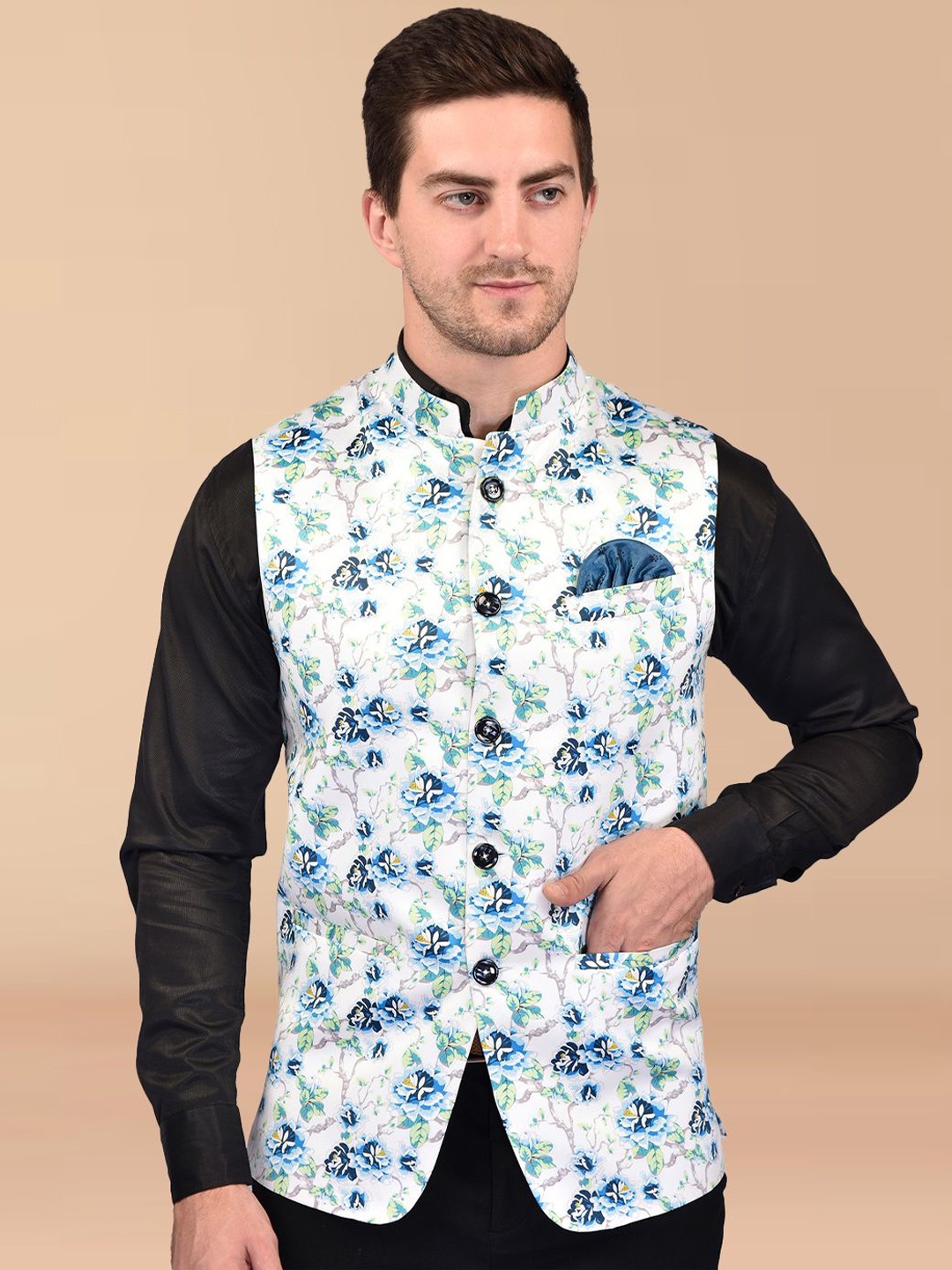 

PRINTINDIA Men Printed Sleeveless Nehru Jacket, White