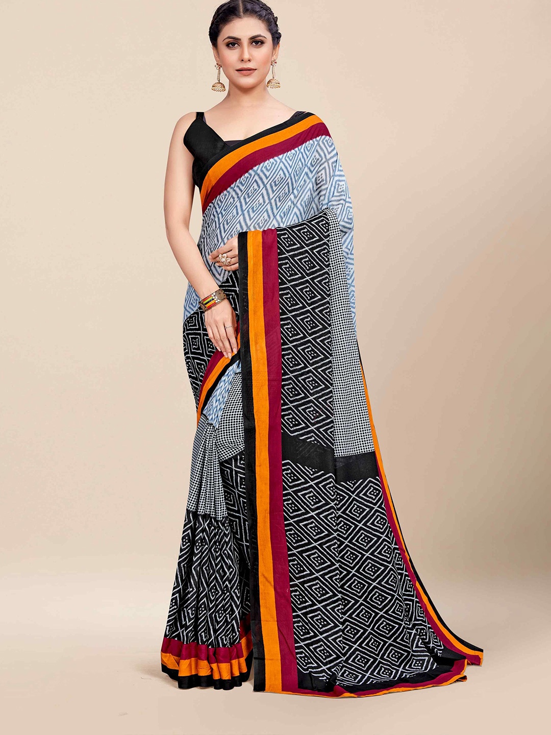 

HERE&NOW Printed Pure Cotton Bagru Saree, Black