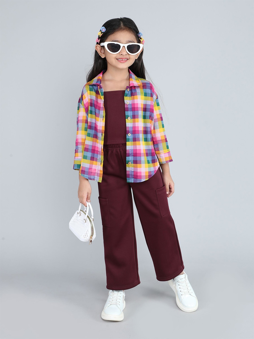 

taffykids Girls Checked Shirt Collar Three-Quarter Sleeves Shirt With Trouser With Top, Burgundy