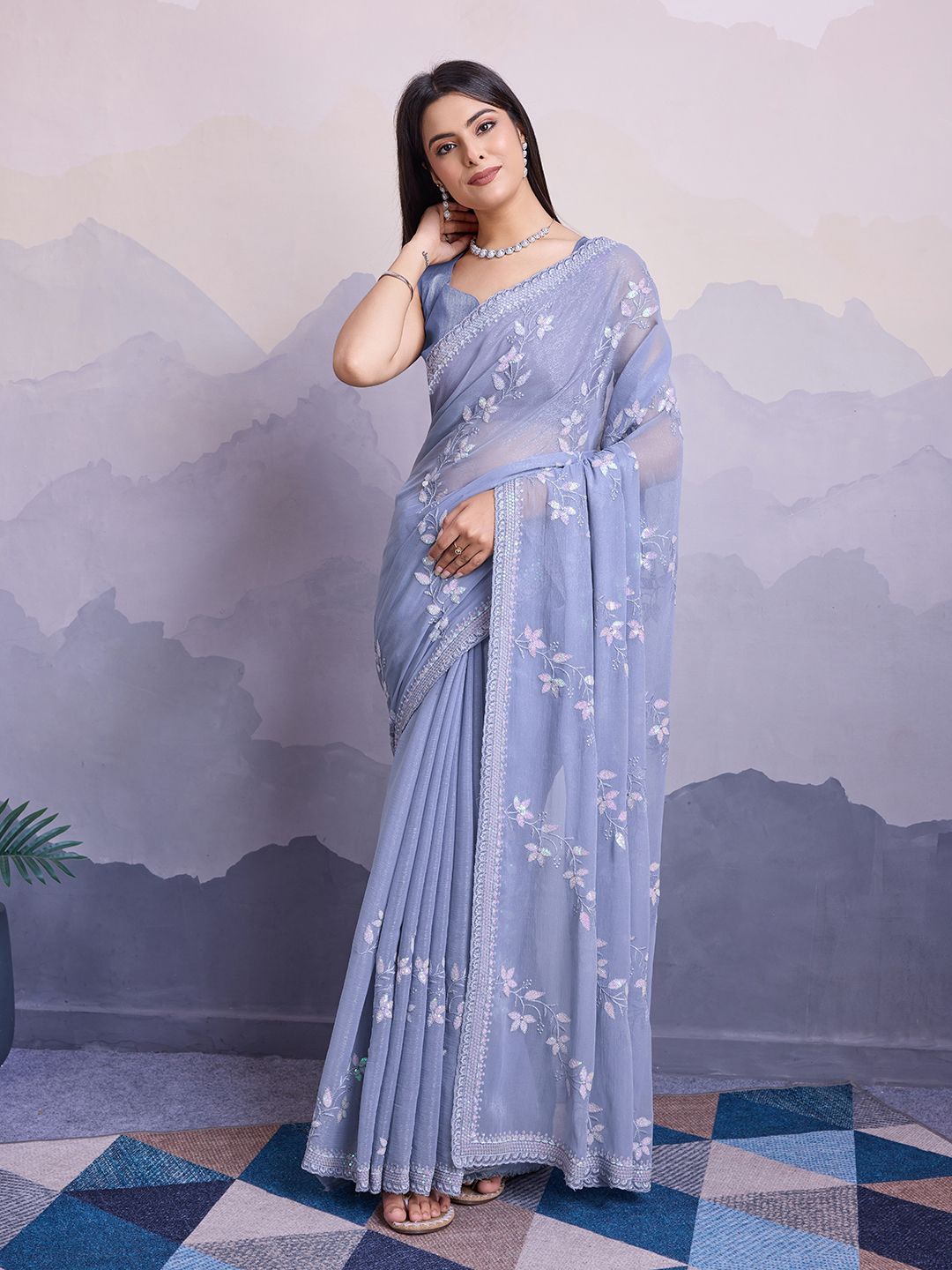 

HERE&NOW Floral Printed Sequinned Saree, Grey
