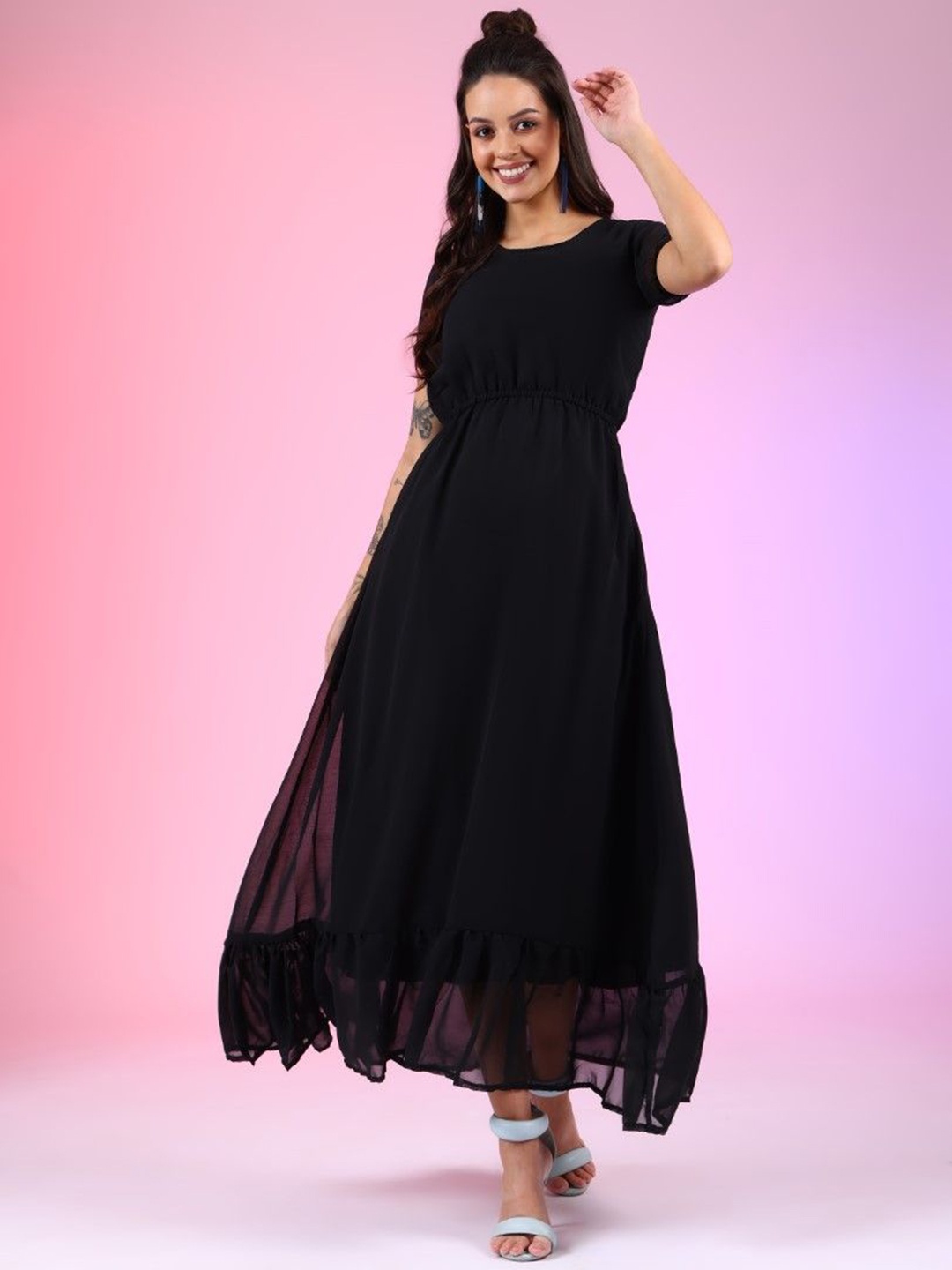 

Femvy Georgette Fit & Flare Maxi Dress, Black