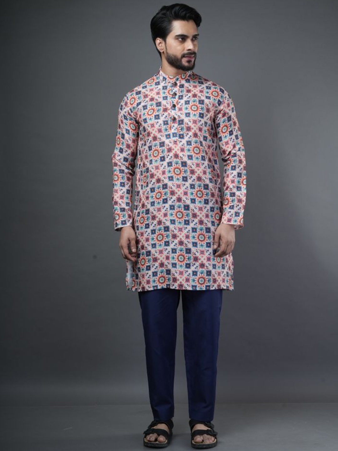 

ARYA Men Printed Regular Linen Kurta with Pyjamas, Blue