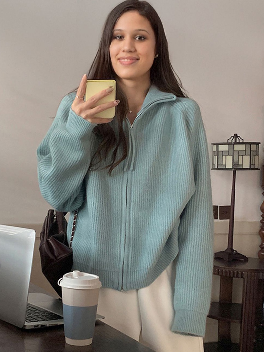 

StyleCast Women Woollen Crop Bomber Jacket, Blue