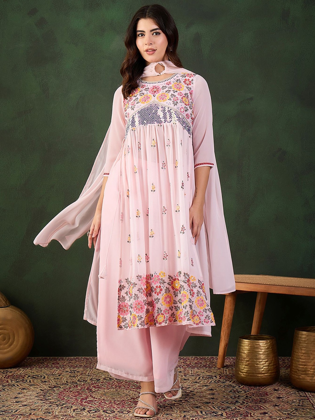 

Sangria Embroidered Kurta, Palazzo With Dupatta, Peach