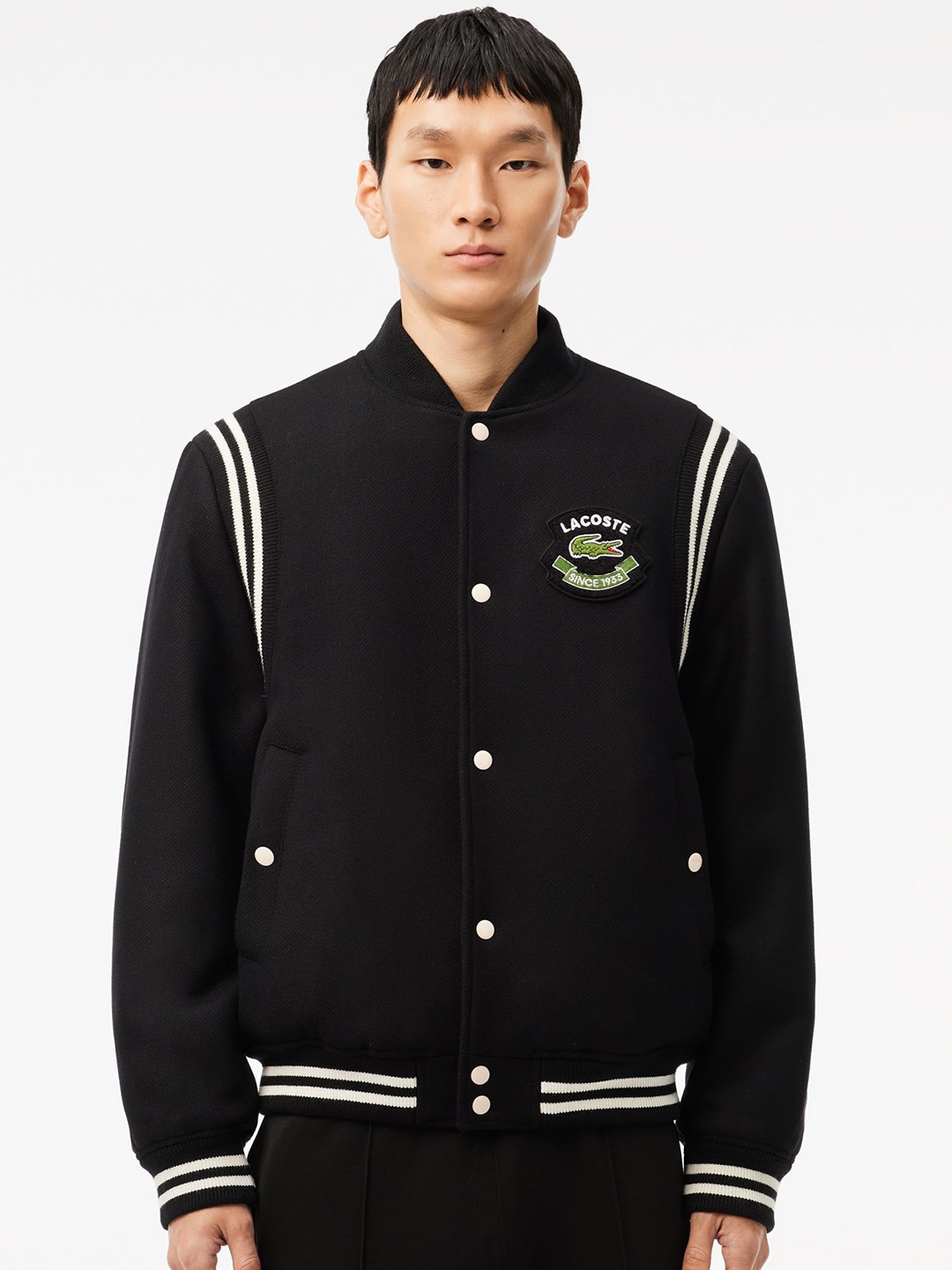 

Lacoste Men Stand Collar Striped Woollen Casual Bomber Jacket, Black
