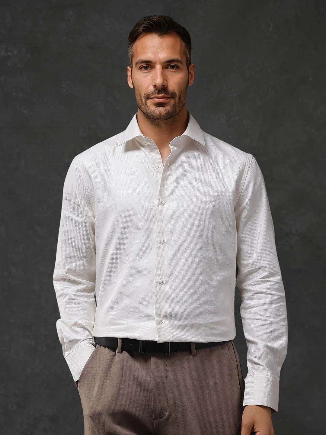 

RARE RABBIT Men Comfort Spread Collar Textured Solid Cotton Formal Shirt, Off white