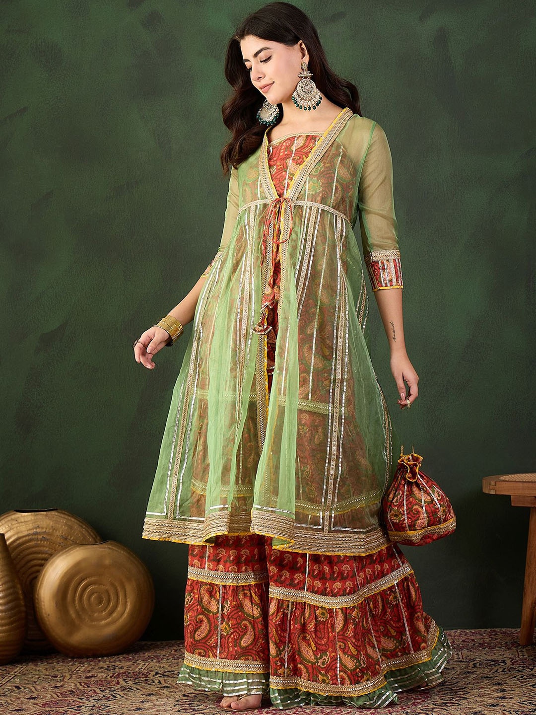 

Sangria Printed Straight Kurta Sharara With Jacket Set, Red