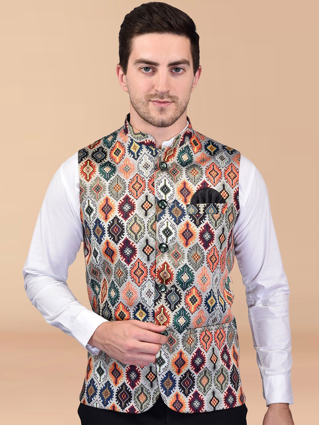 

PRINTINDIA Men Ethnic Printed Nehru Jacket, Grey