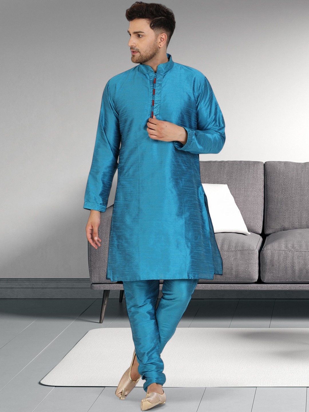 

SKAVIJ Striped Woven Design Mandarin Collar Straight Kurta With Pyjamas, Turquoise blue