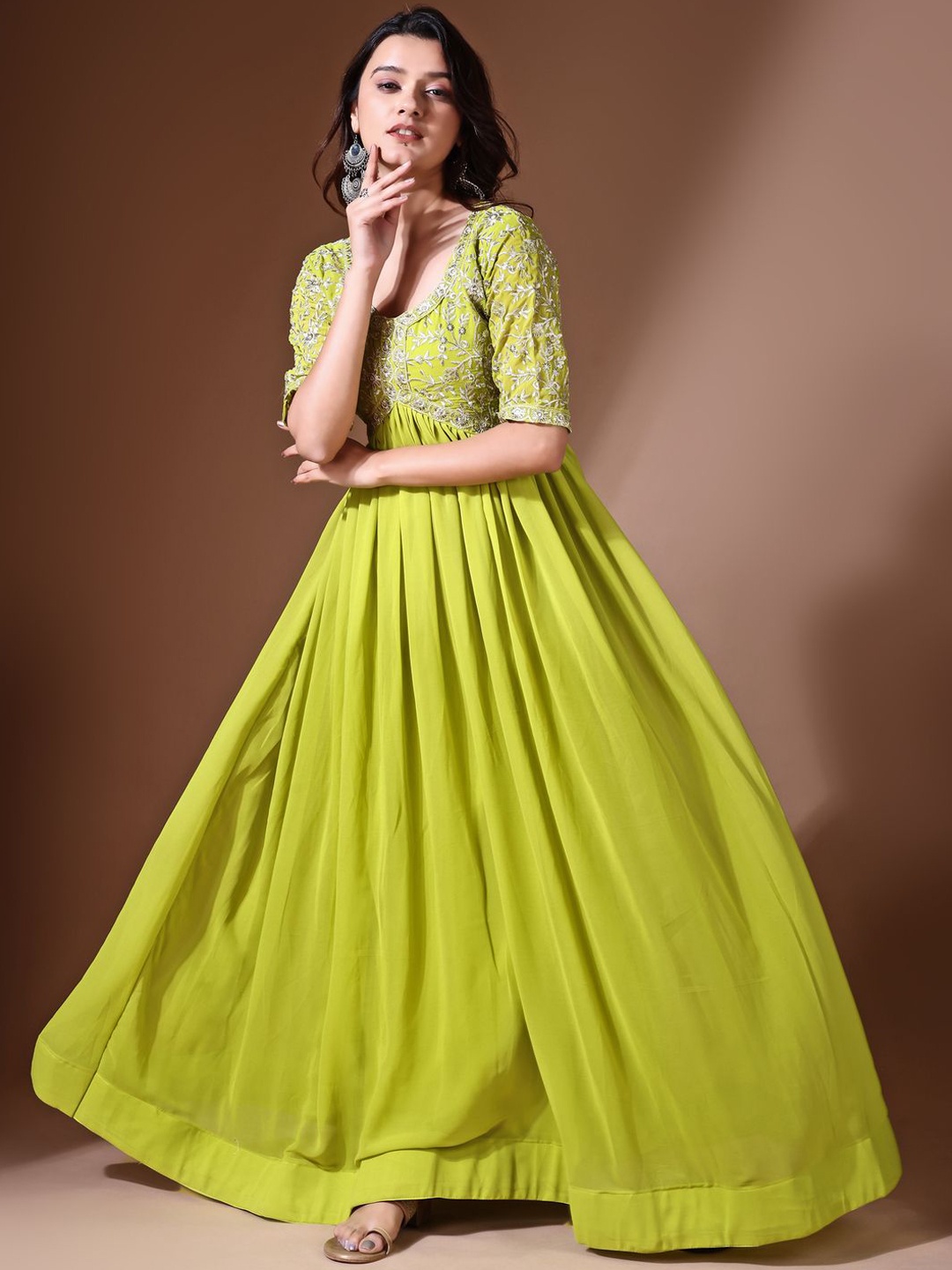 

YOYO Fashion Embroidered Maxi Ethnic Dress, Lime green
