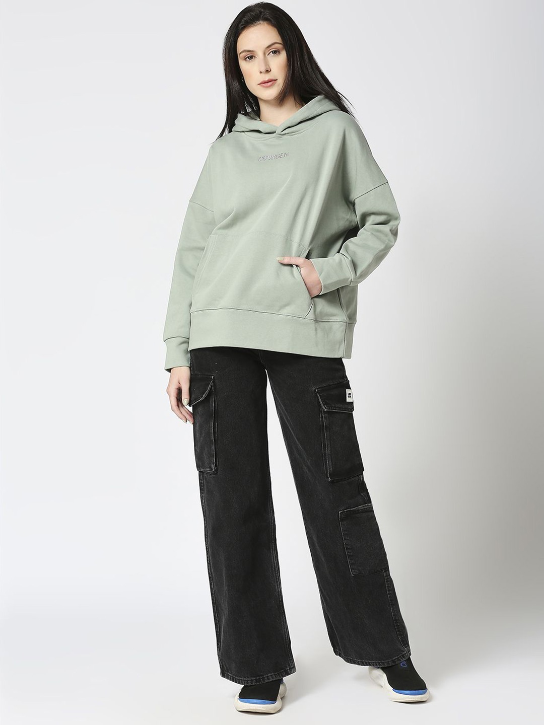

LOVEGEN Women Printed Hooded Cotton Sweatshirt, Green