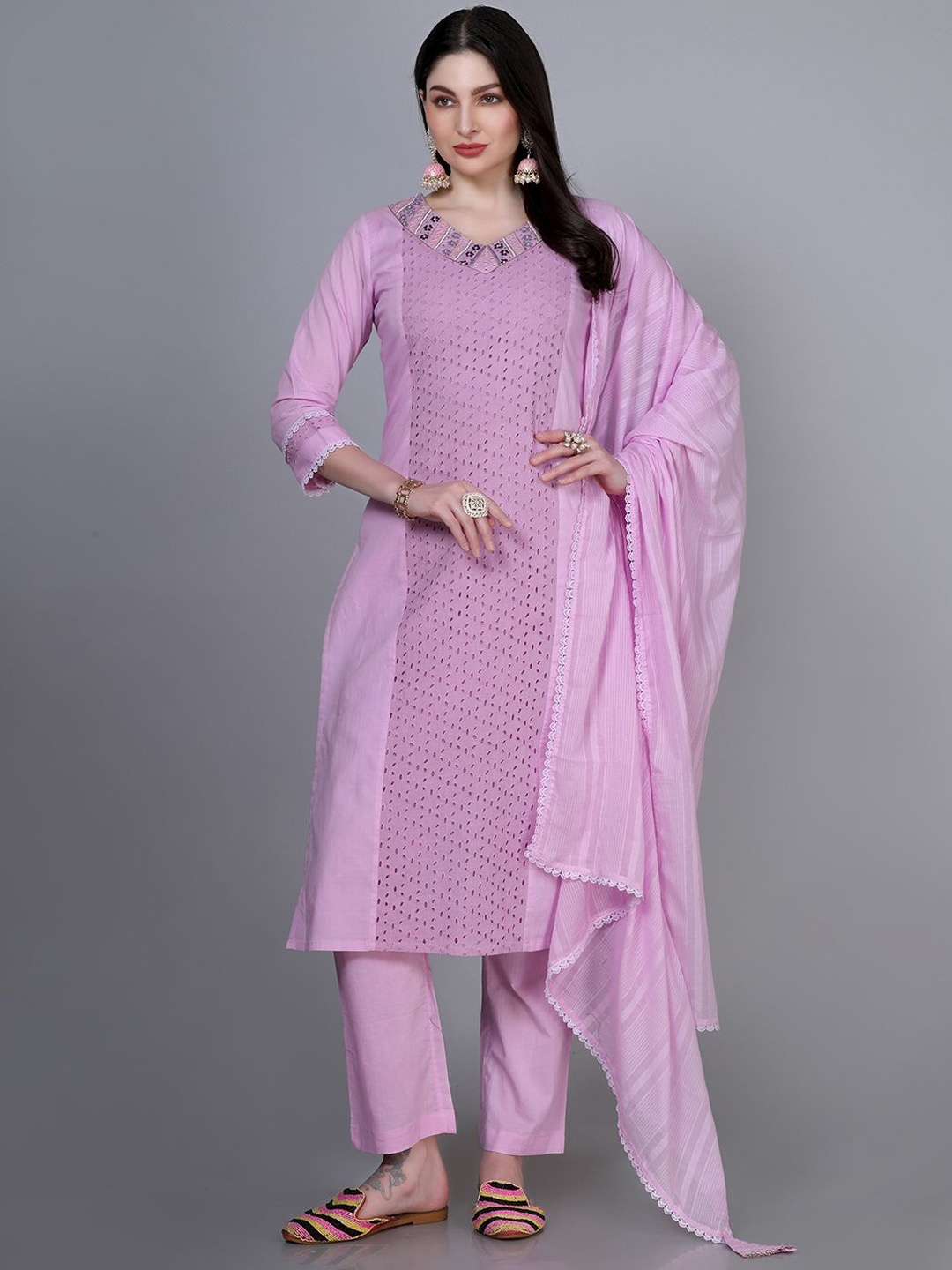 

Krimmple Floral Embroidered Schiffli Pure Cotton Straight Kurta With Trousers & Dupatta, Lavender