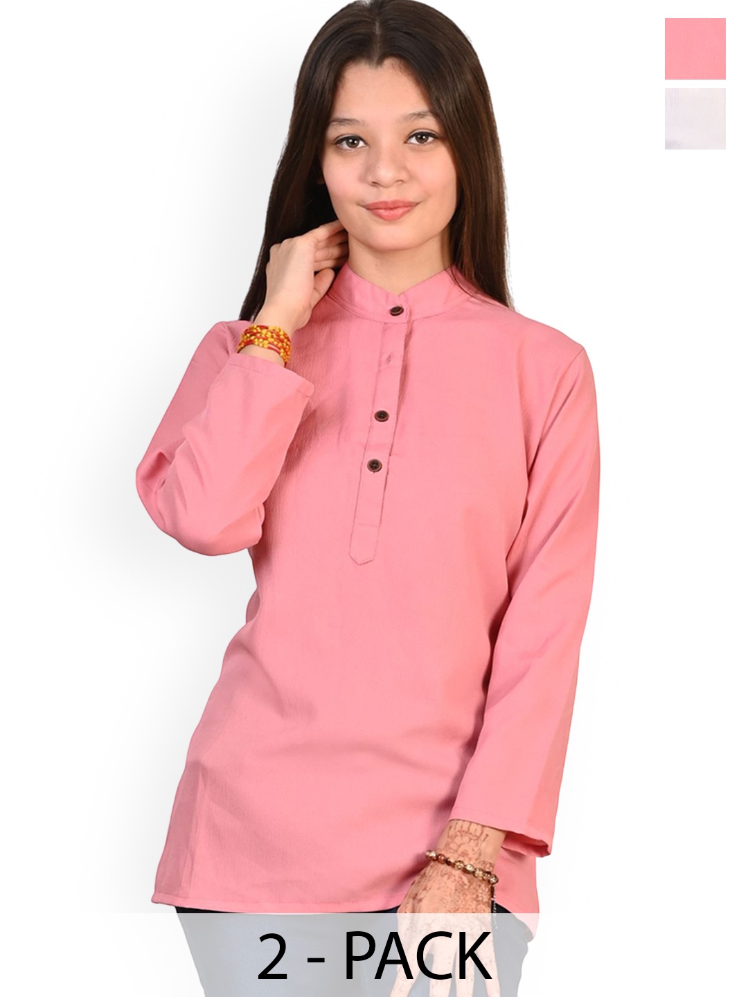 

BAESD Girls Pack Of 2 Mandarin Collar Crepe Straight Kurta, Pink