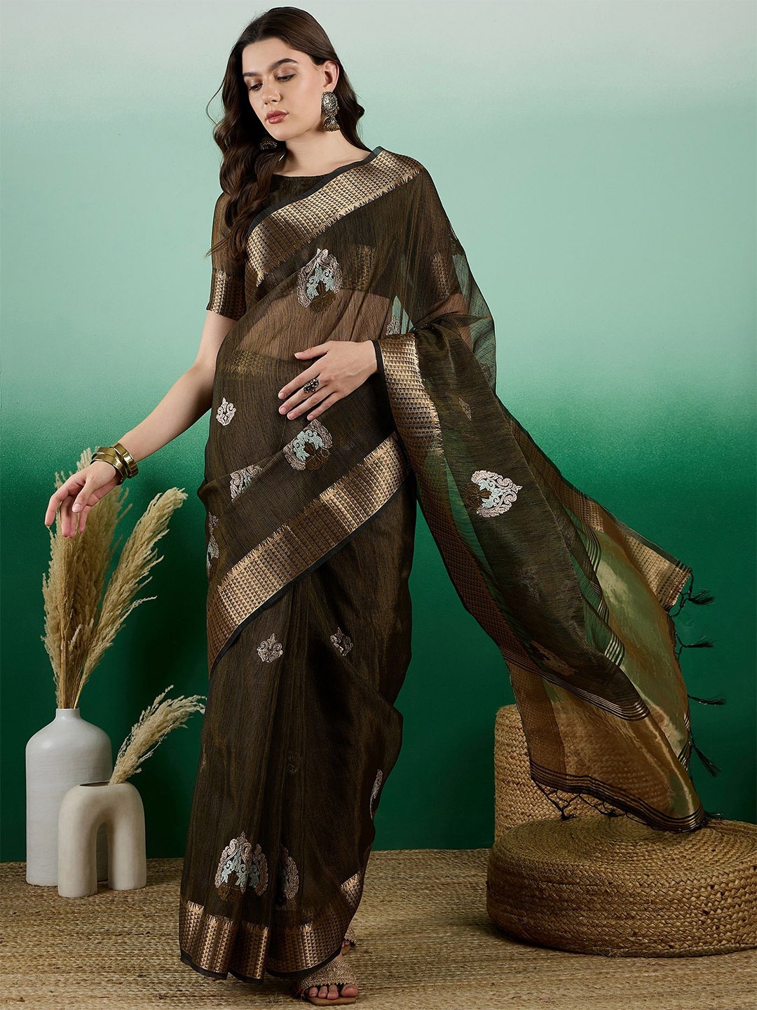 

A.V.M Prints Woven Design Zari Saree, Olive