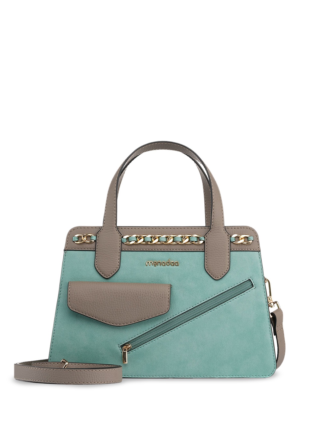 

Monadaa Structured Tote Bag with Cut Work, Turquoise blue