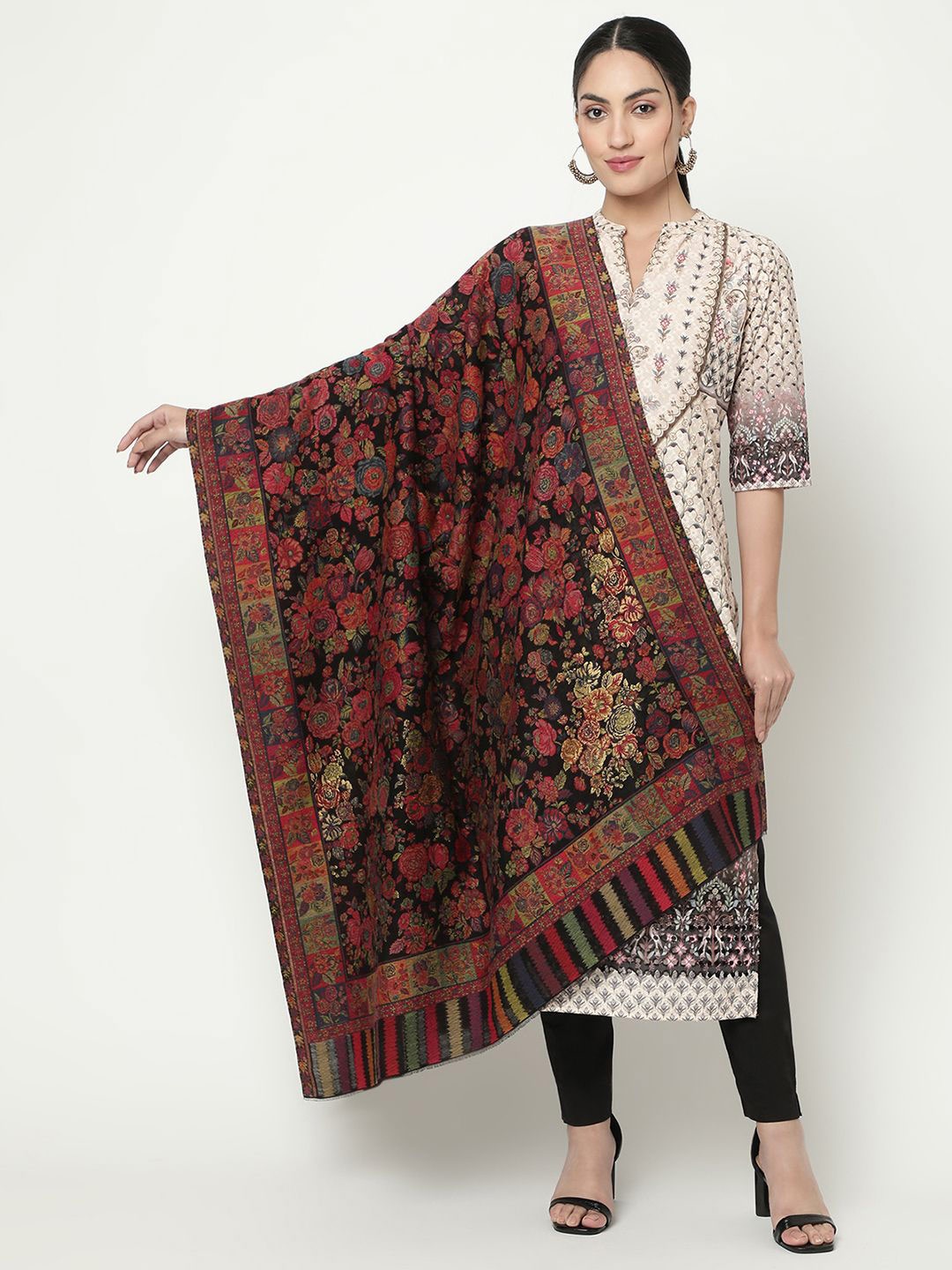 

La Vastraa Floral Woven Design Shawl, Black