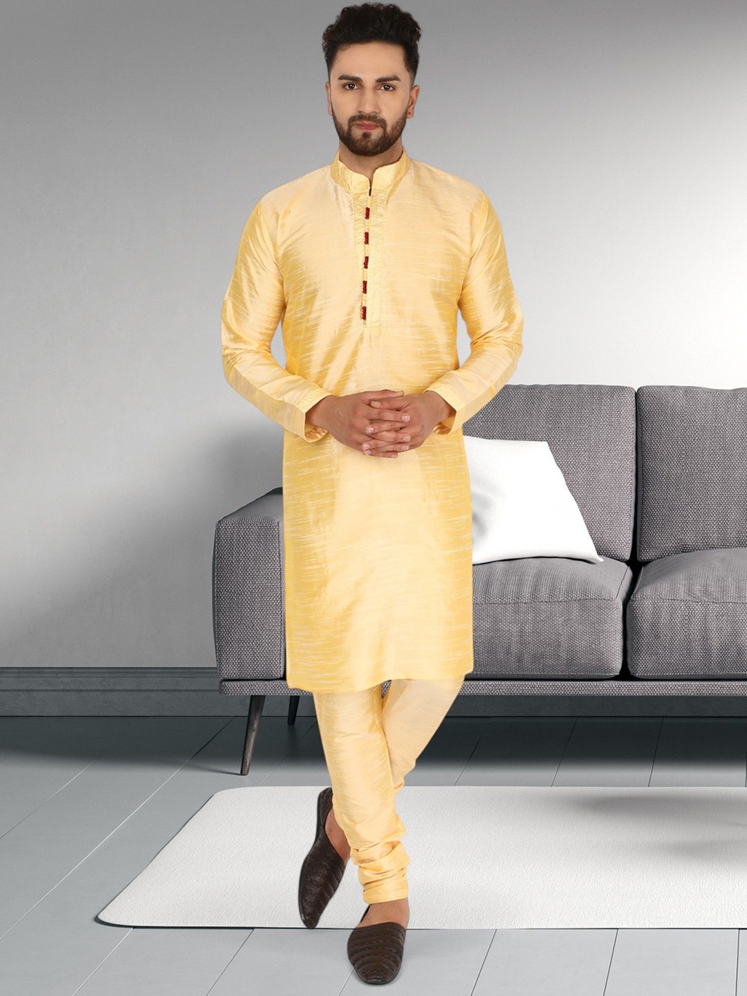 

SKAVIJ Mandarin Collar Long Sleeves Regular Straight Kurta With Churidar, Beige