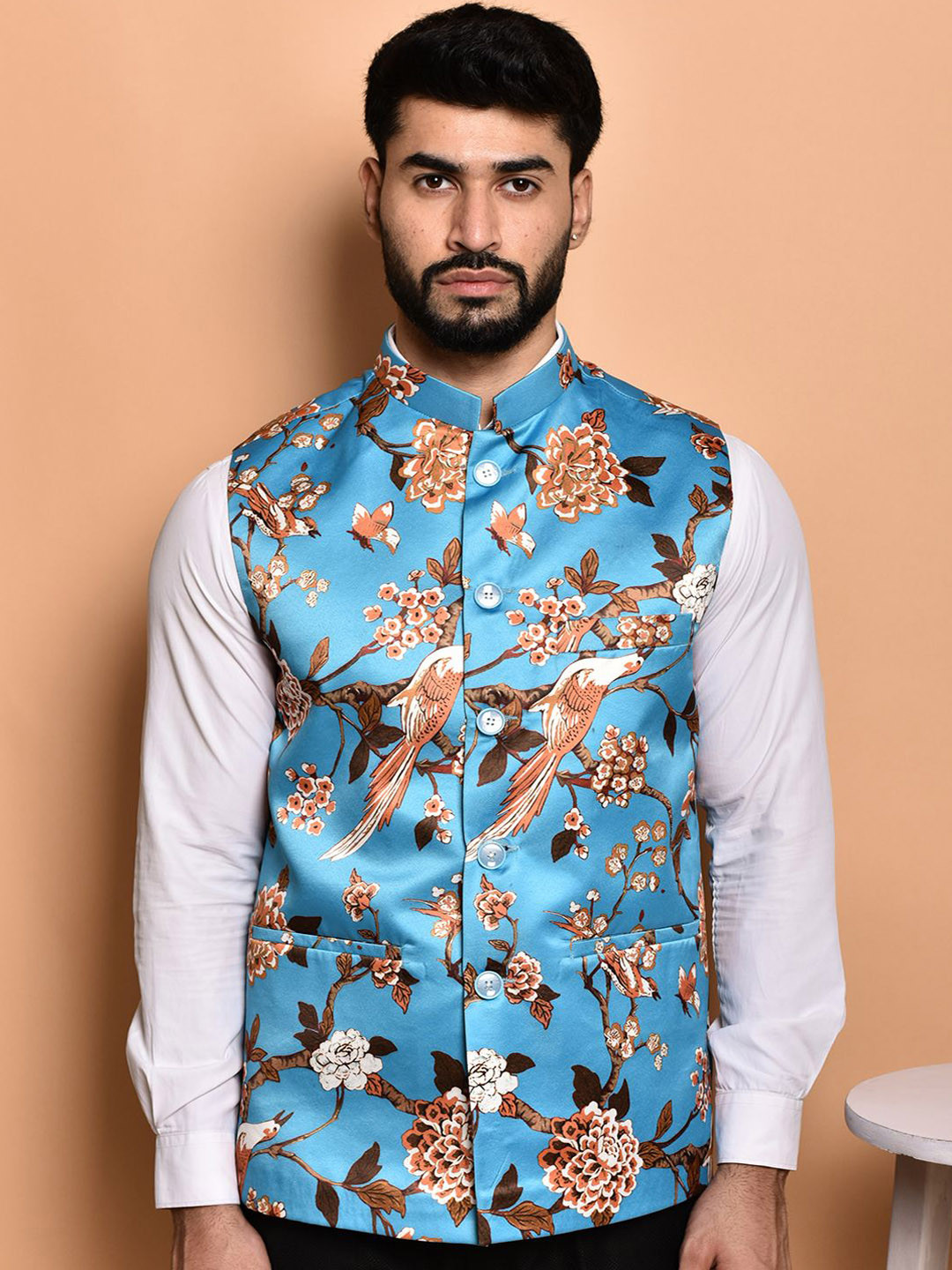 

PRINTINDIA Men Printed Mandarin Neck Nehru Jacket, Blue
