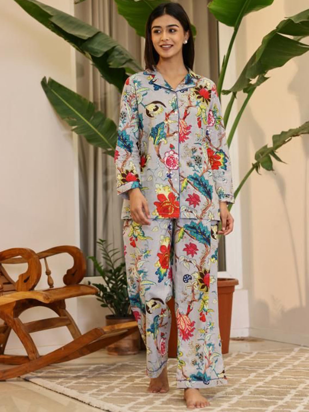 

FLAVIA CREATION Printed Pure Cotton Night suit, Grey