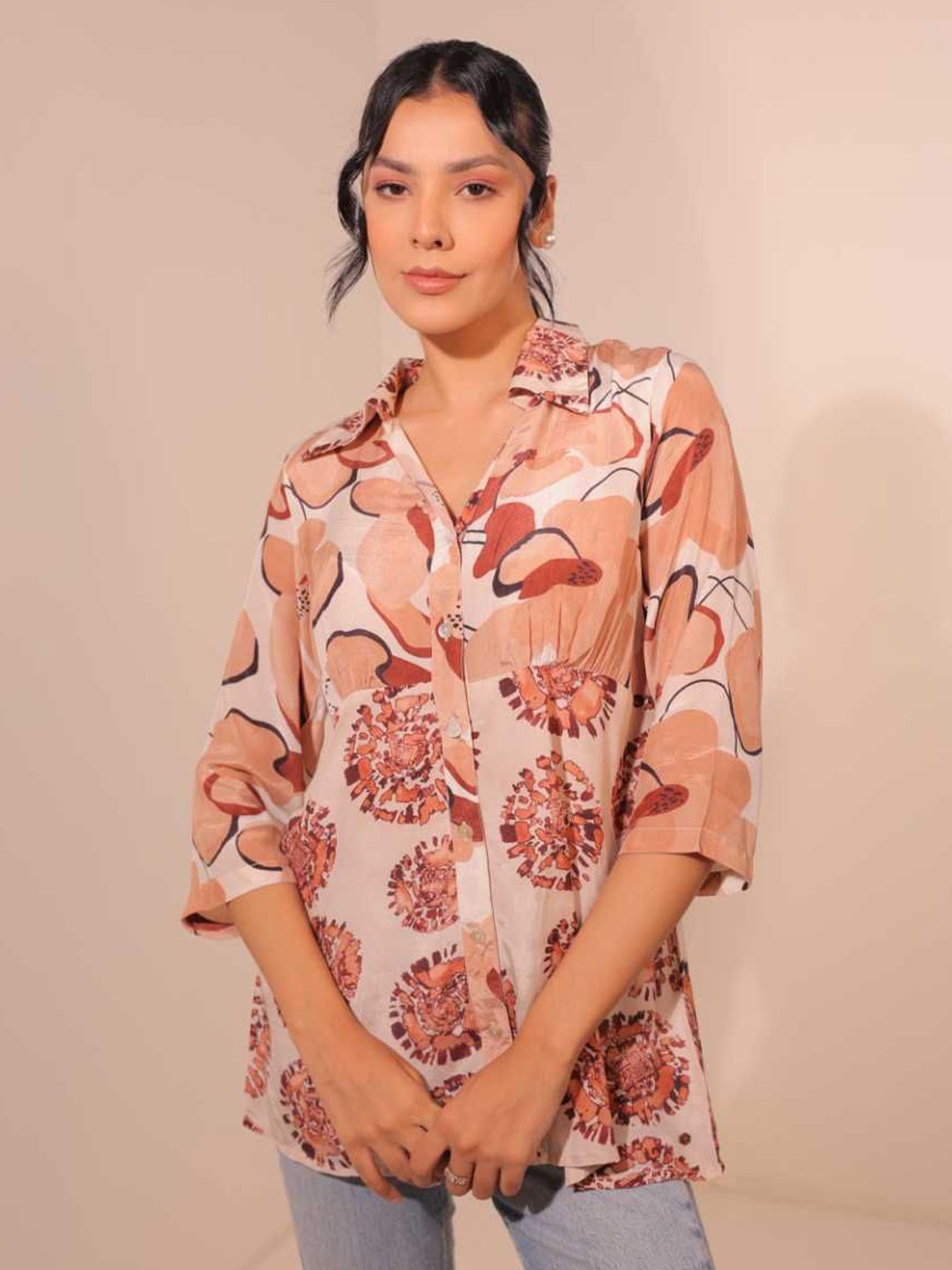 

Komarri U Tropical Printed Shirt Style Crepe Top, Peach