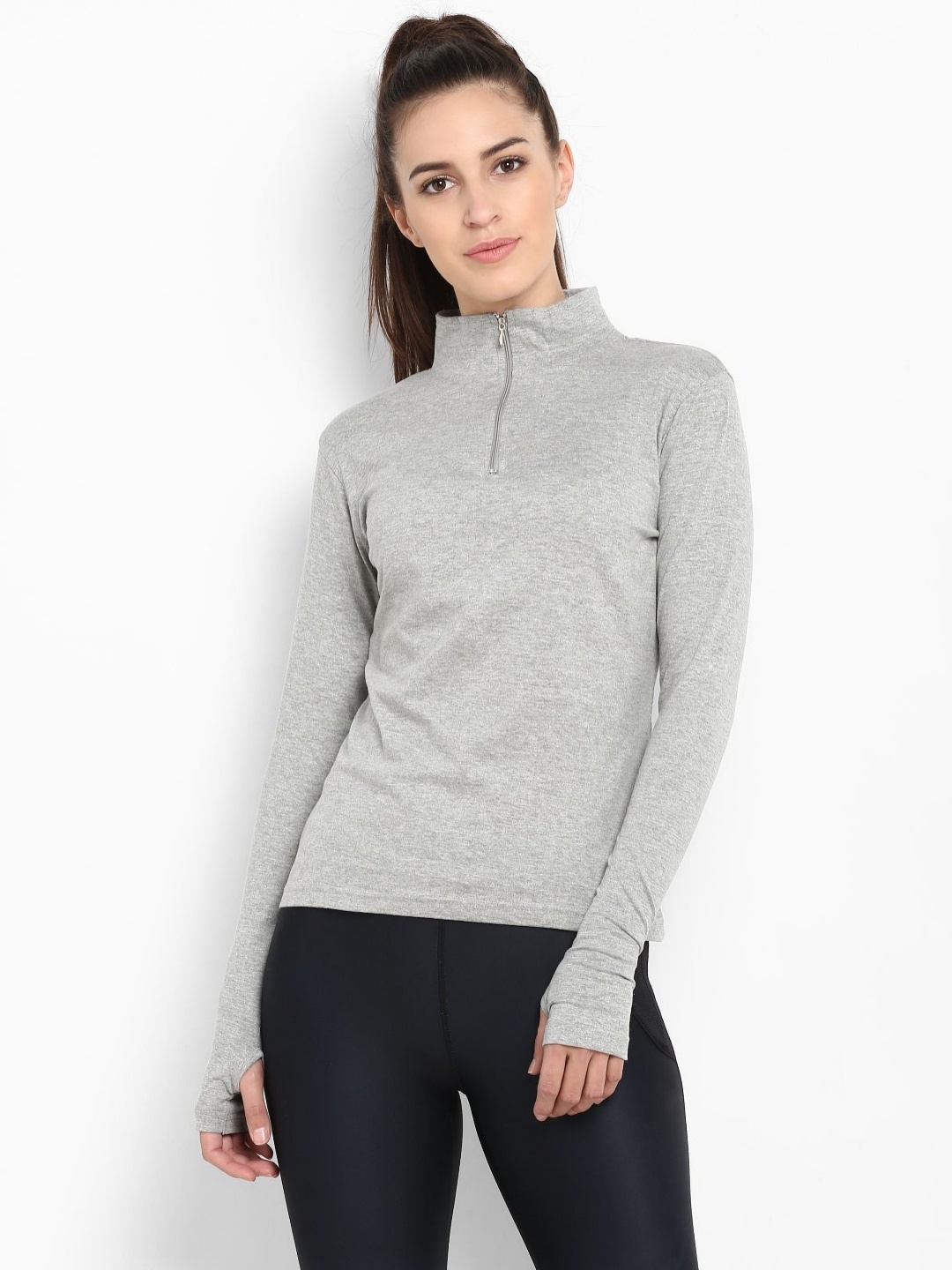 

appulse Women High Neck Slim Fit T-shirt, Grey melange