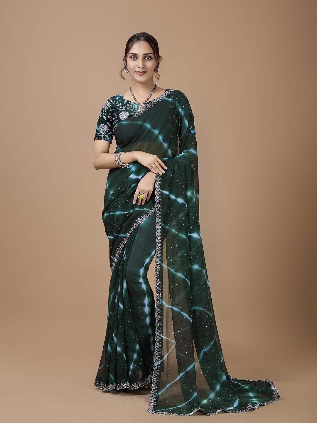 

A.V.M Prints Beads and Stones Tie and Dye Saree, Green