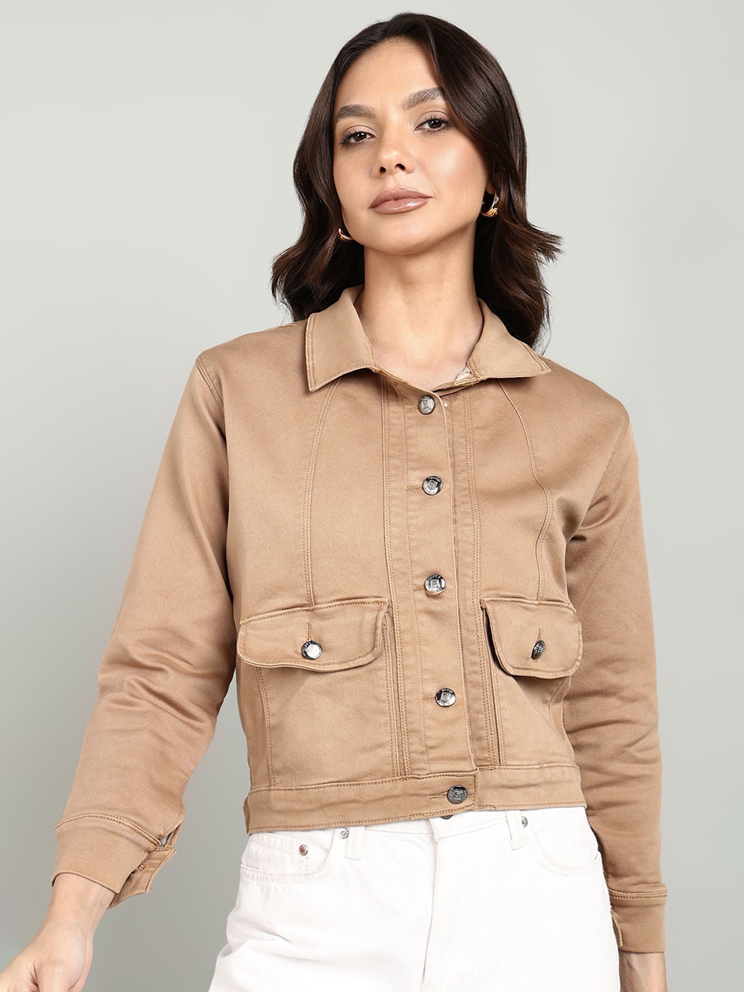 

Nifty Women Spread Collar Solid Cotton Casual Denim Jacket, Beige