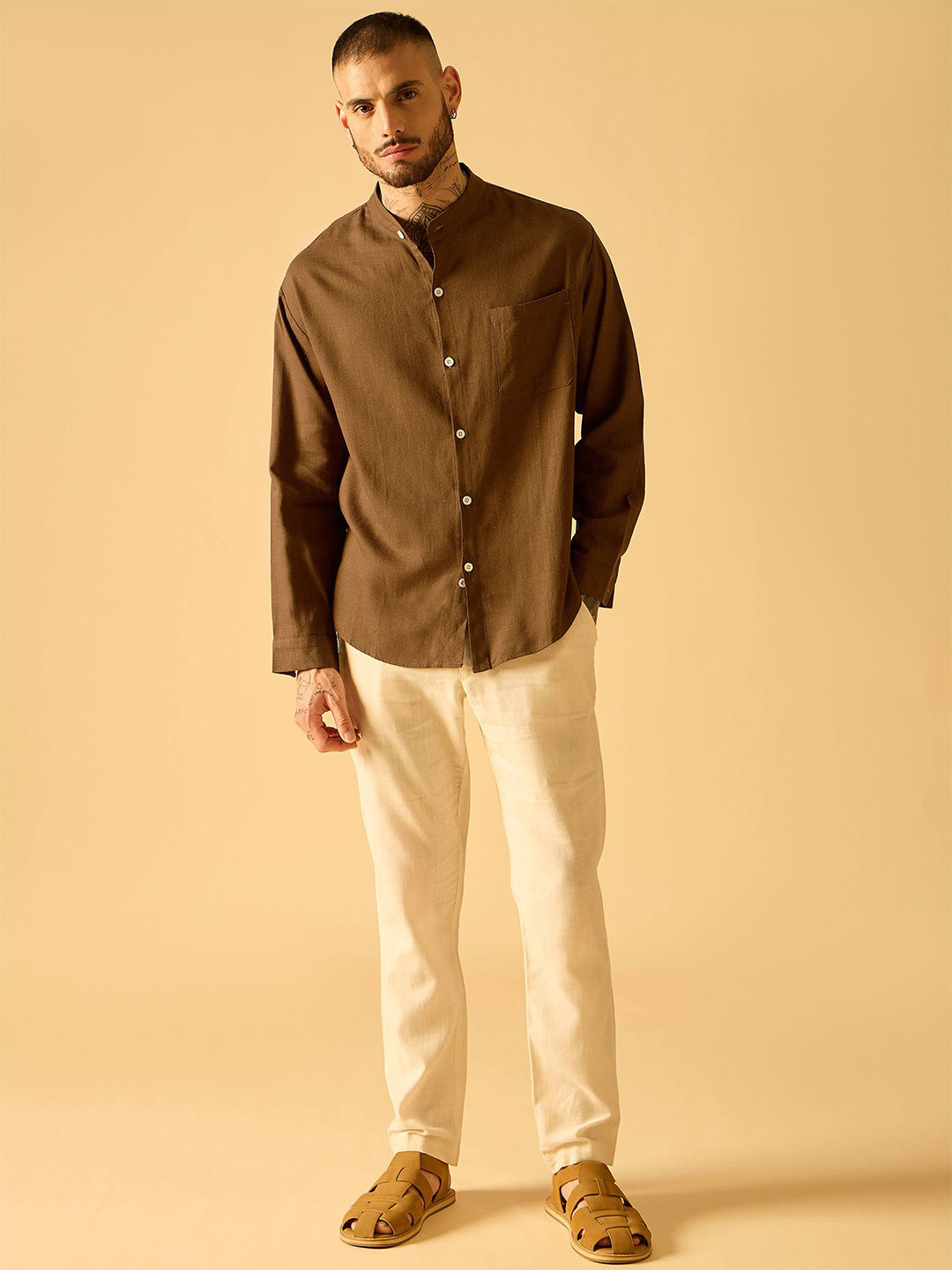 

AKS Men Standard Semi Sheer Casual Shirt, Brown