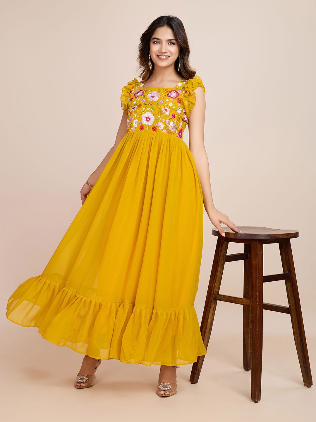 

AKSHARAM Floral Embroidered Georgette Fit & Flare Maxi Dress, Yellow