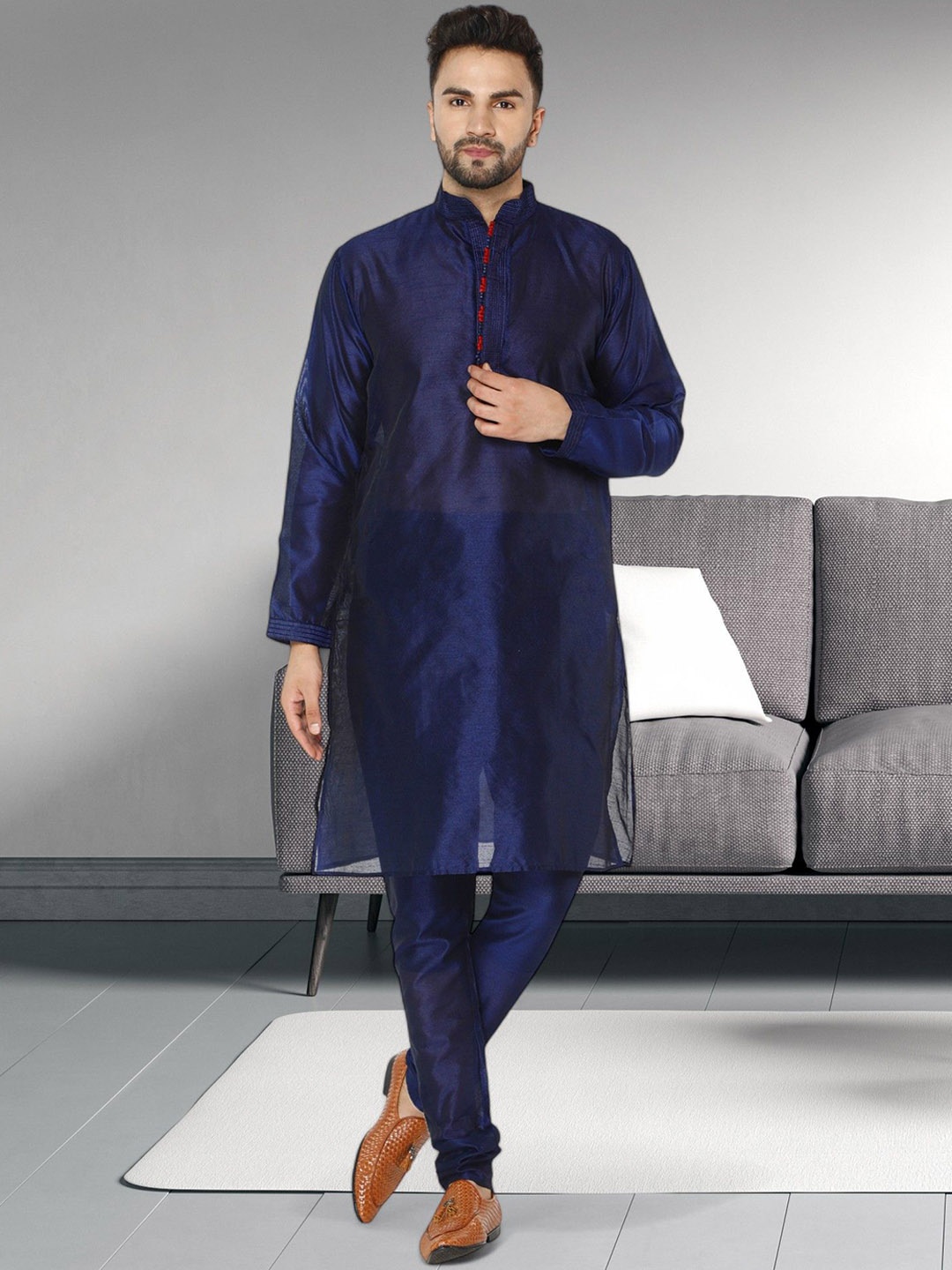 

SKAVIJ Mandarin Collar Long Sleeves Regular Straight Kurta With Churidar, Navy blue