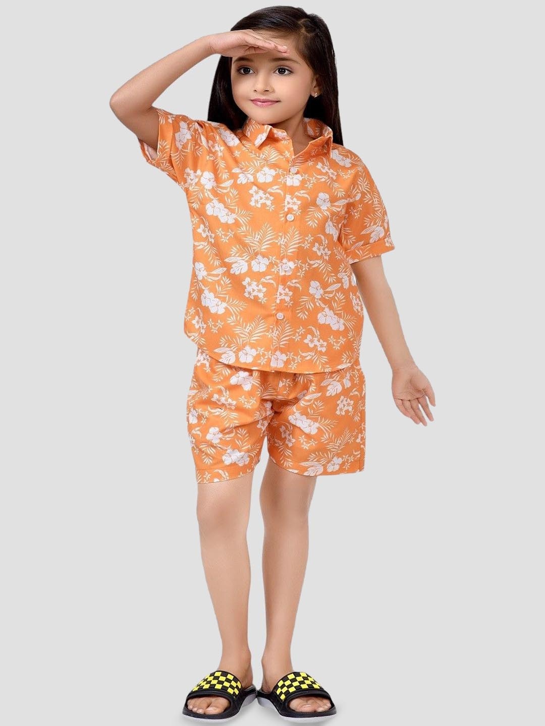 

BAESD Girls Printed Pure Cotton Shirt With Shorts Clothing Set, Orange