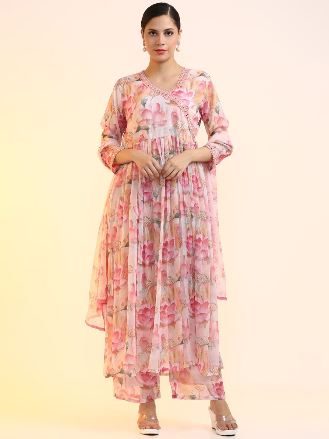 

Jaipur Kurti Women Floral Embroidered Angrakha Mirror Work Kurta with Palazzos & With Dupatta, Peach