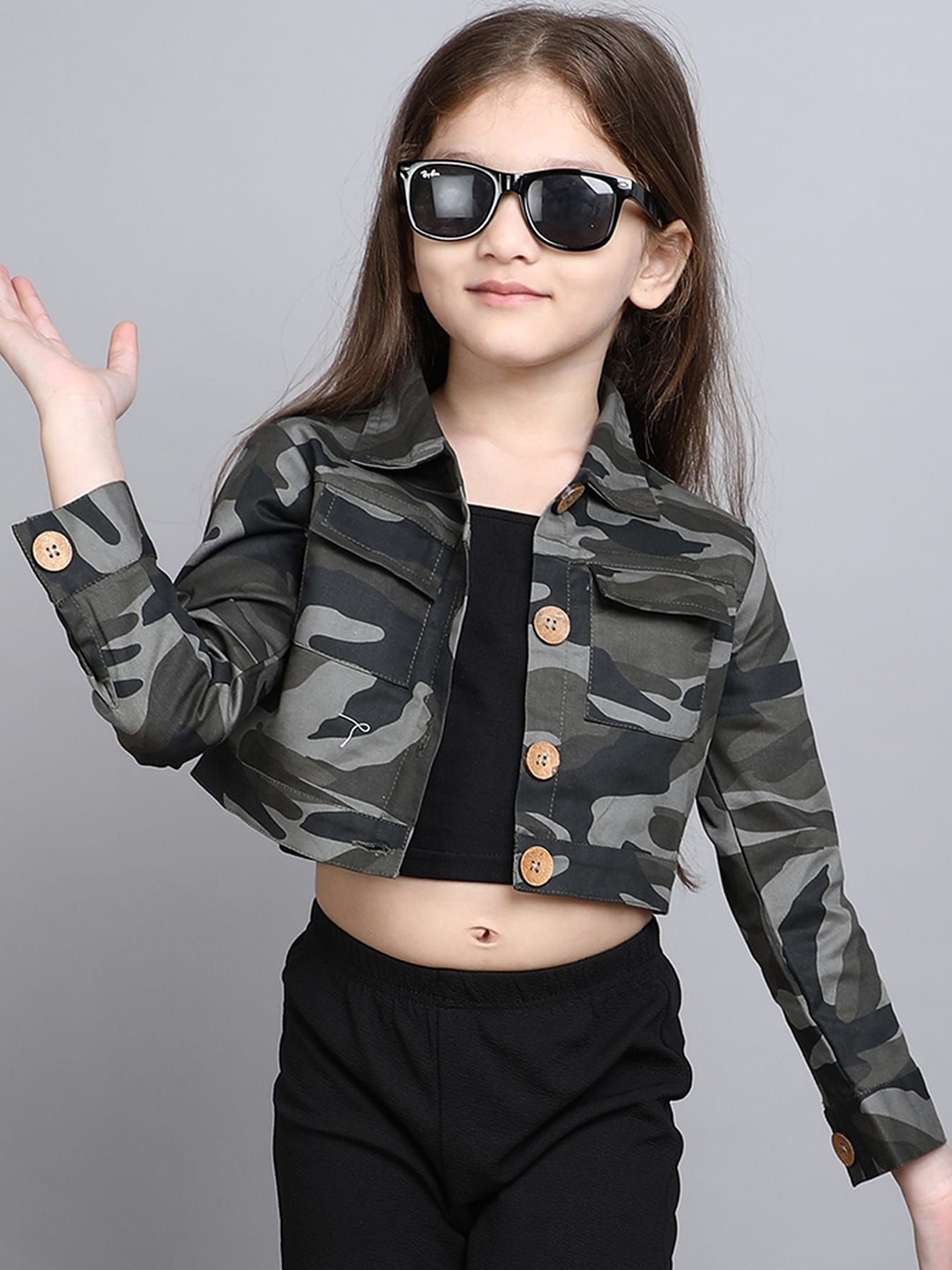 

taffykids Girls Camouflage Polyester Crop Denim Jacket, Multi