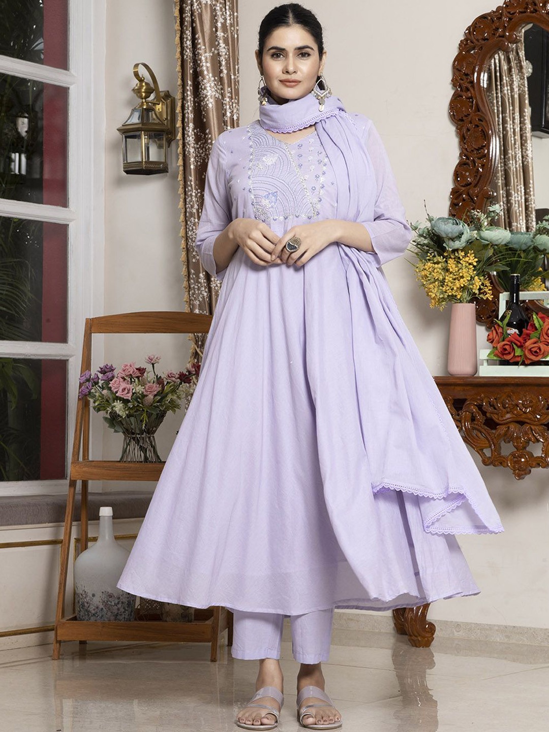 

Krimmple Floral Embroidered Pure Cotton Anarkali Kurta With Trousers & Dupatta, Lavender