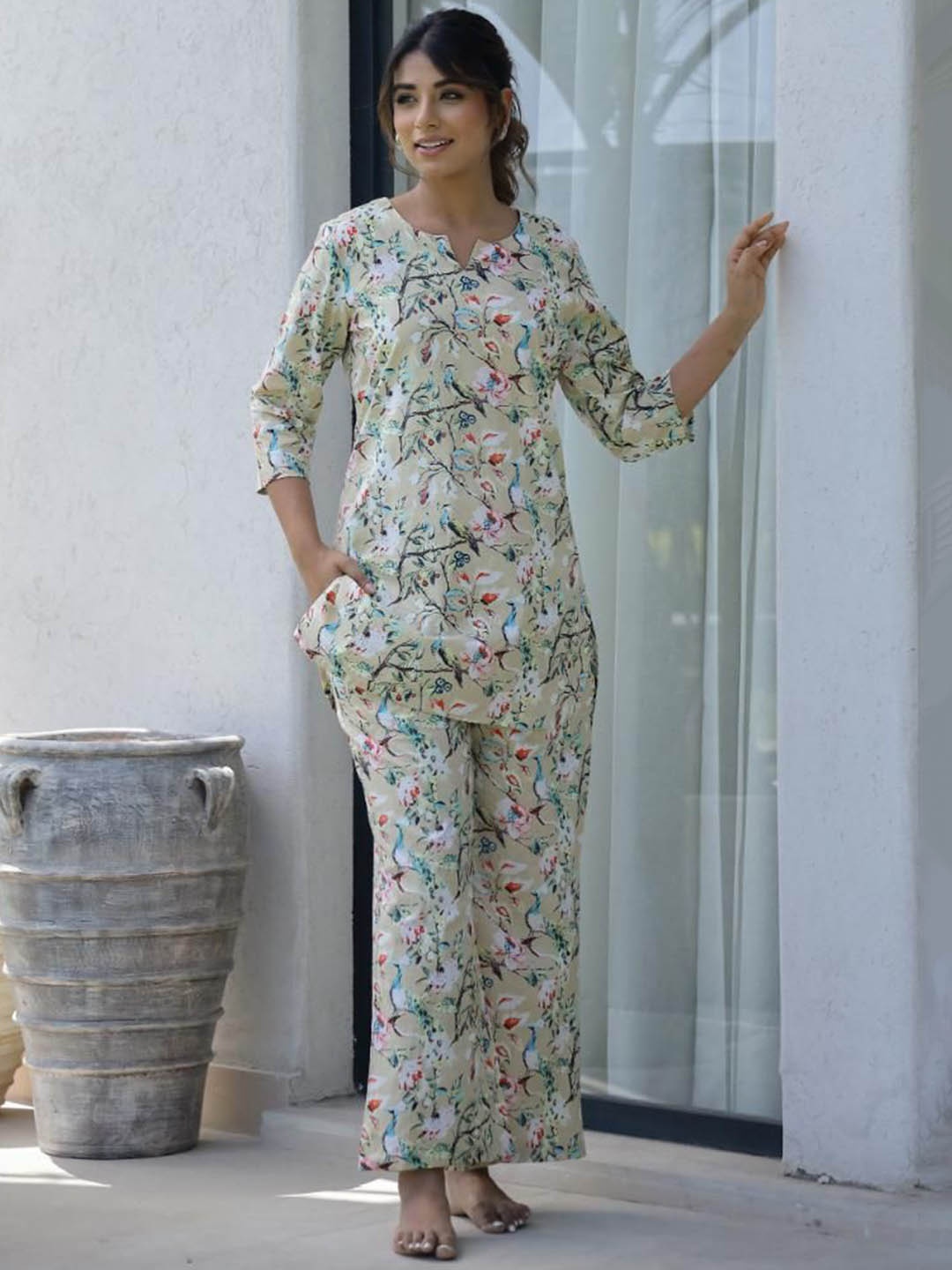 

FLAVIA CREATION Printed Round Neck Pure Cotton Night Suit, Beige