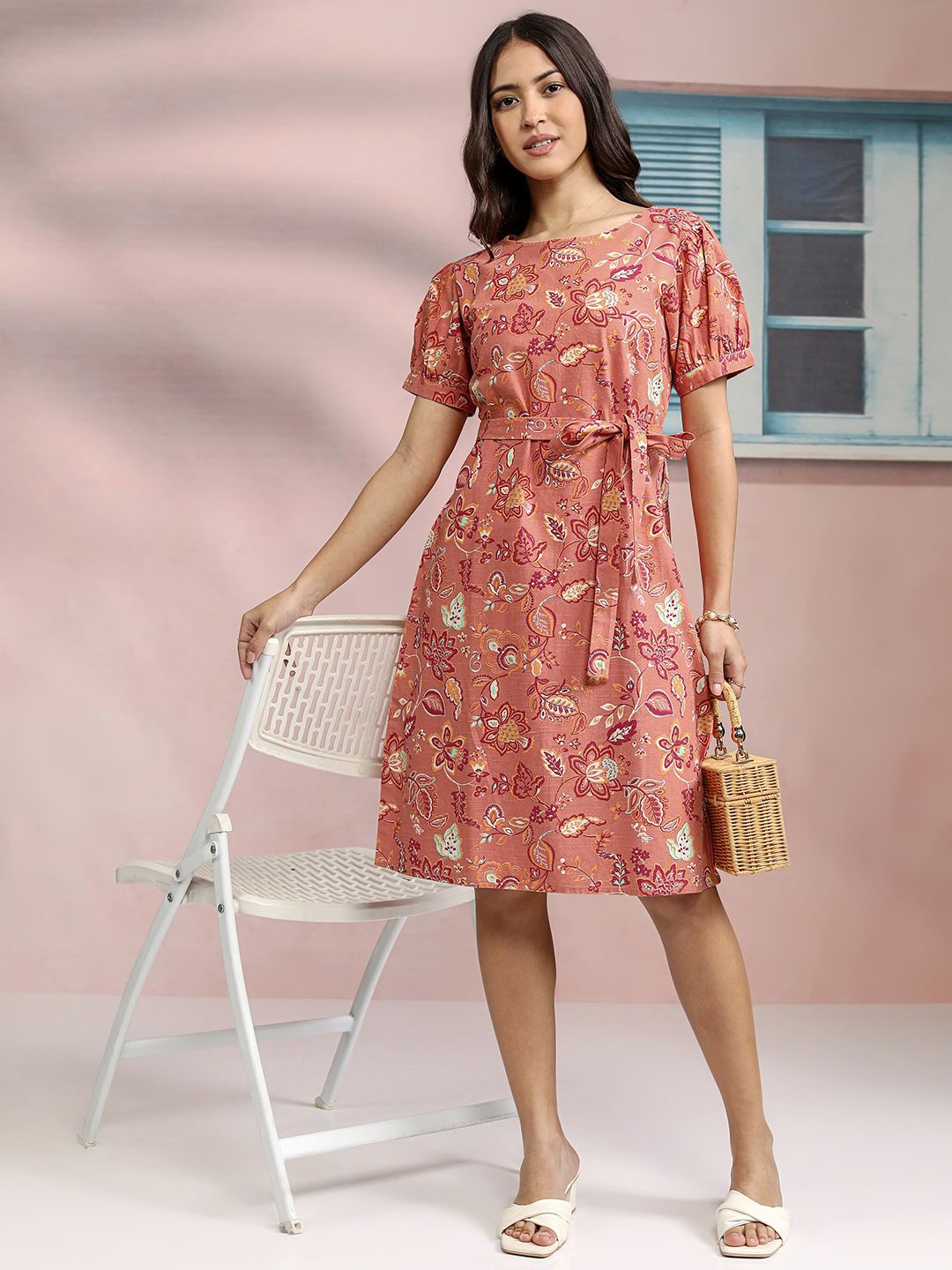 

Tokyo Talkies Floral Print Puff Sleeve A-Line Midi Dress, Rust