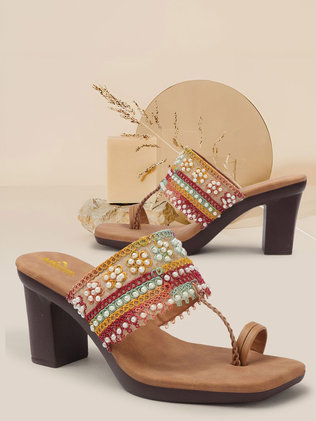 

AROOM Embellished Block Heel Sandals, Brown