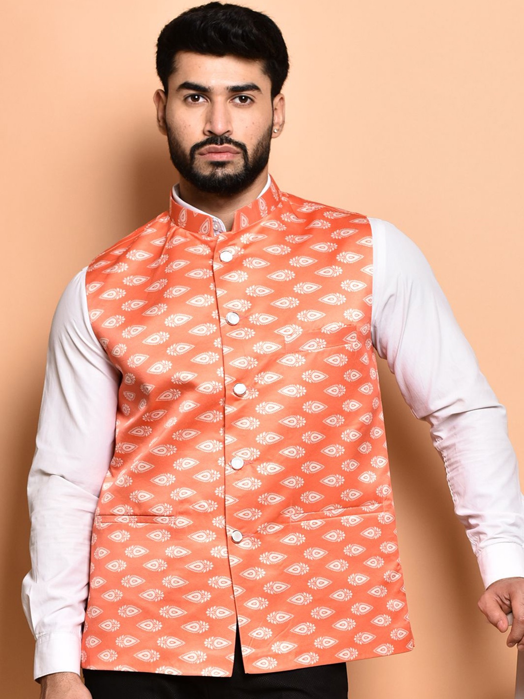 

PRINTINDIA Men Printed Woven Nehru Jacket, Orange