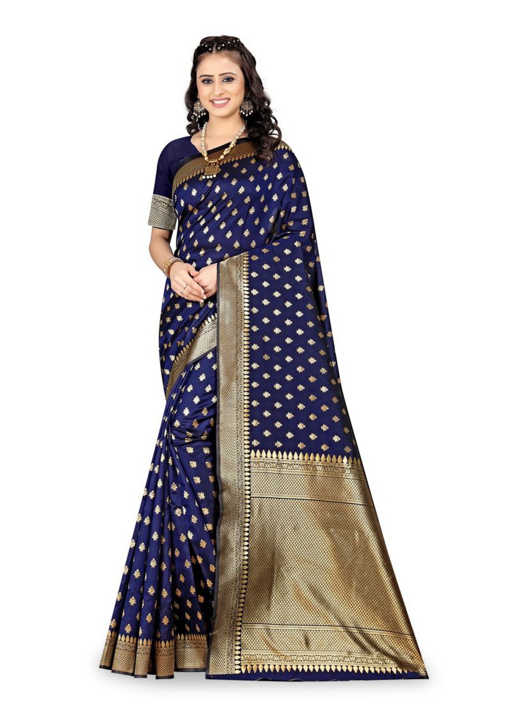 

KALINI Woven Design Zari Silk Blend Kanjeevaram Saree, Navy blue