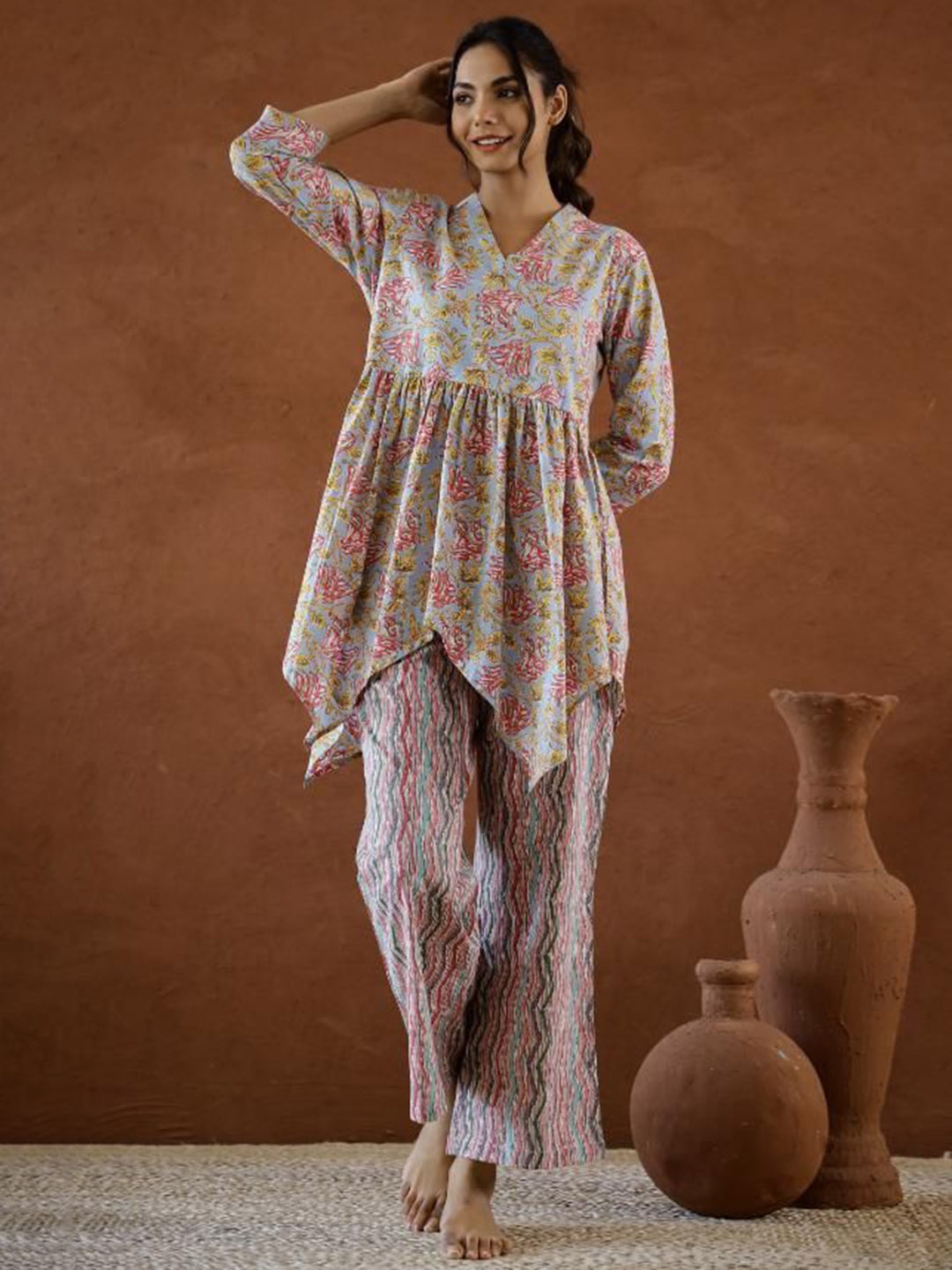 

FLAVIA CREATION Floral Printed Cotton Night Suit, Blue